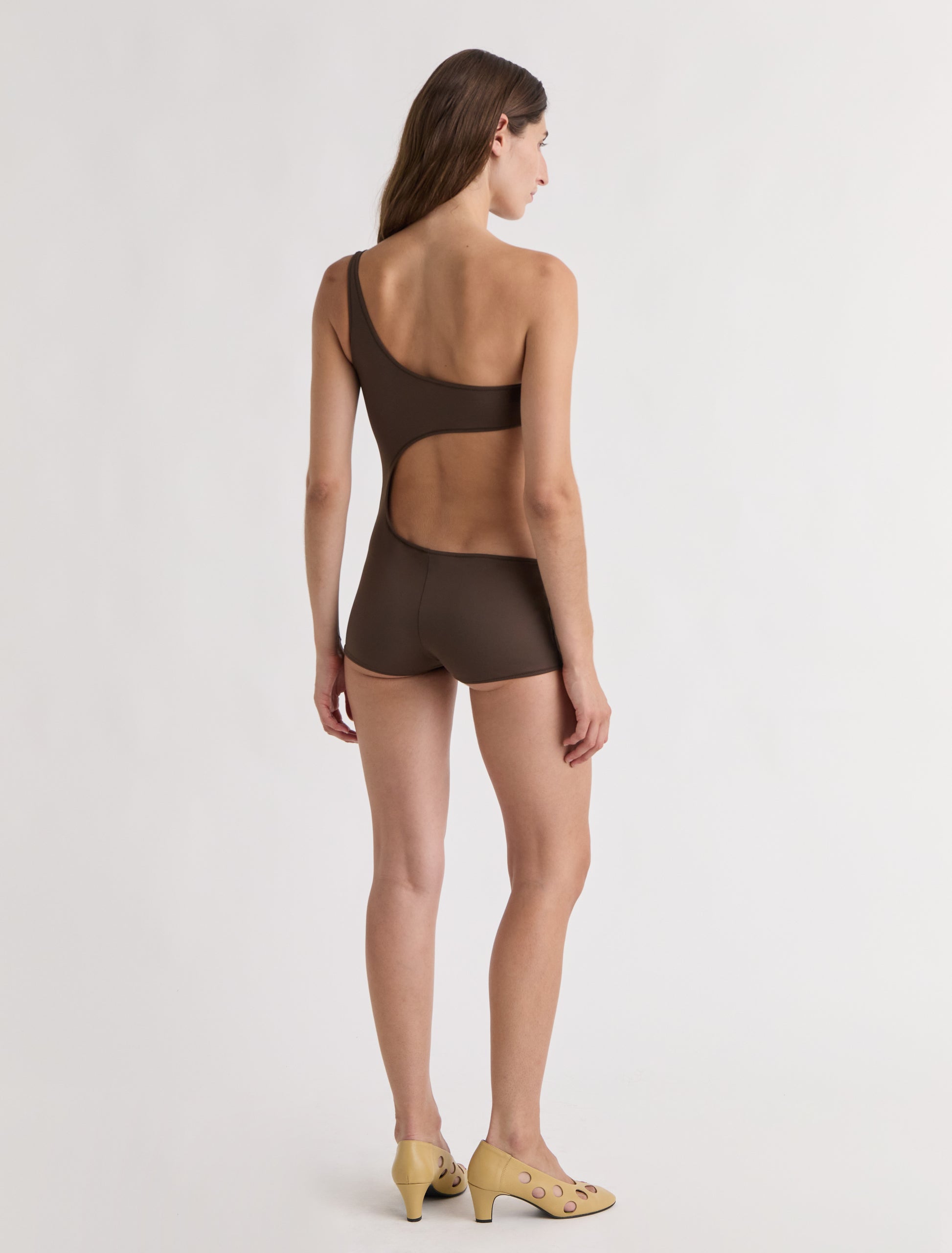 Flann asymmetric swimsuit cut out detail brown