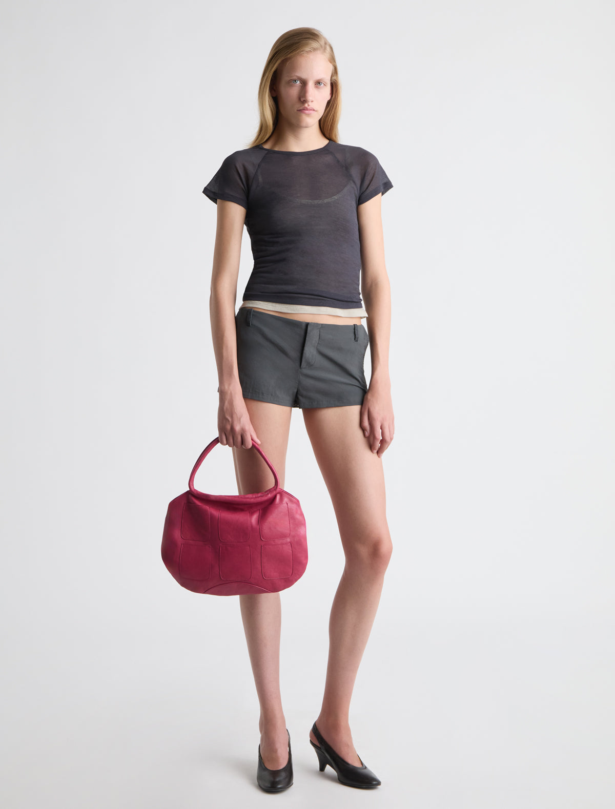 Pockets round shaped shoulder bag multiple pocket details fuchsia