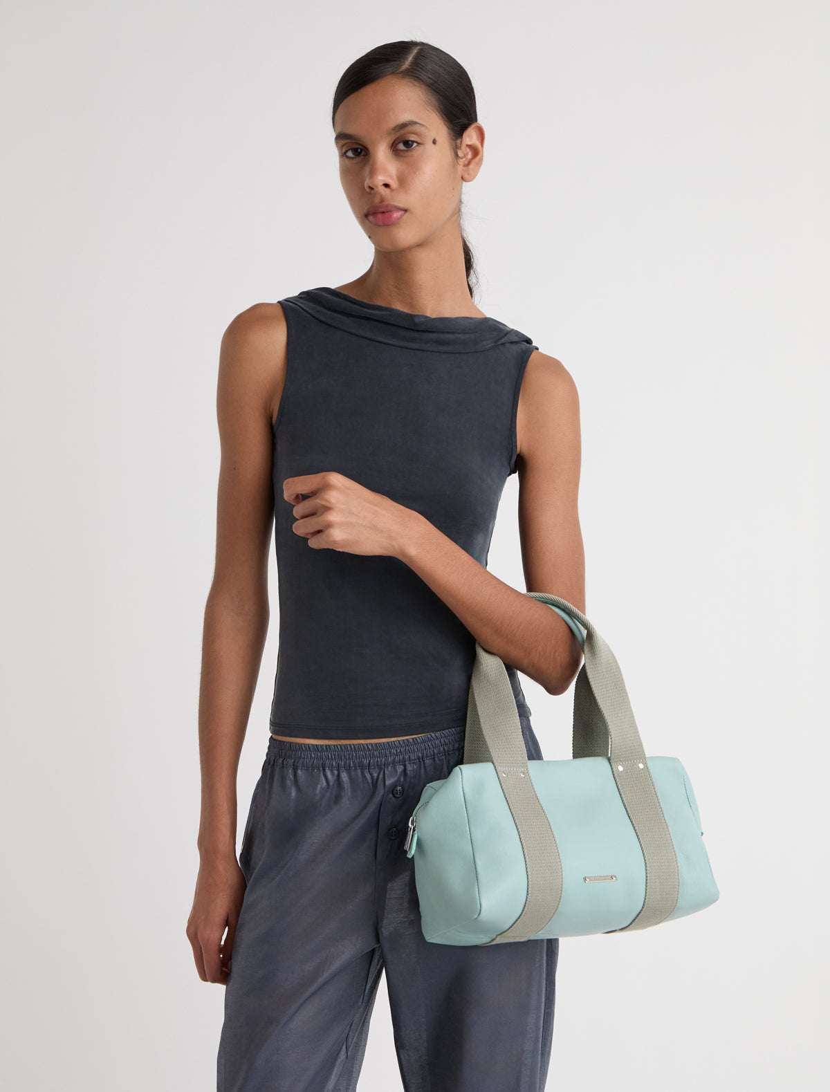 Small eira bag leather shoulder bag contrasting woven handles blue