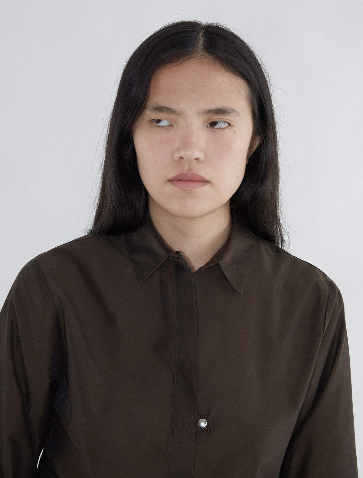 Ines cotton shirt ribbon tabs snap buttons brown