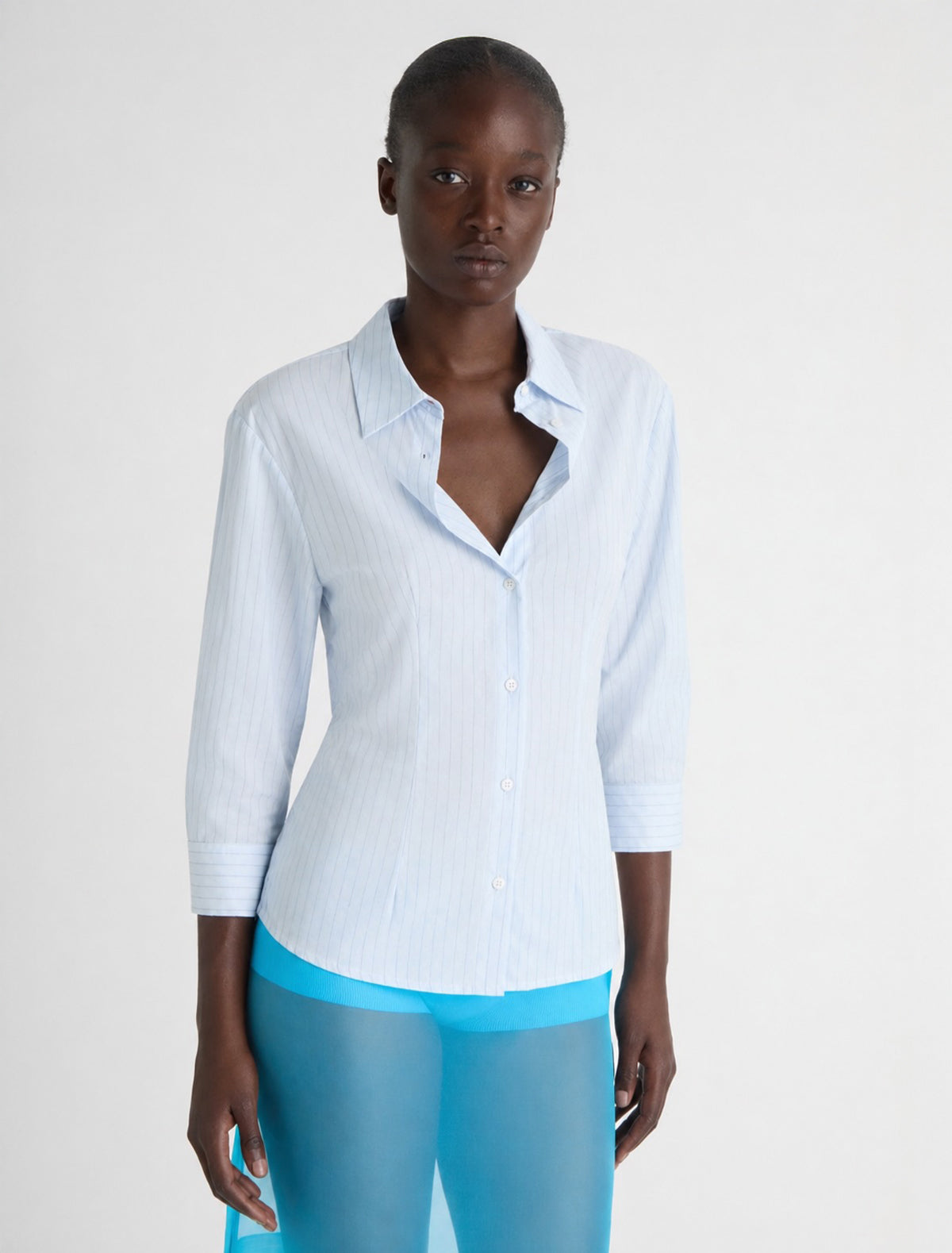Bruna elbow length striped shirt lightblue