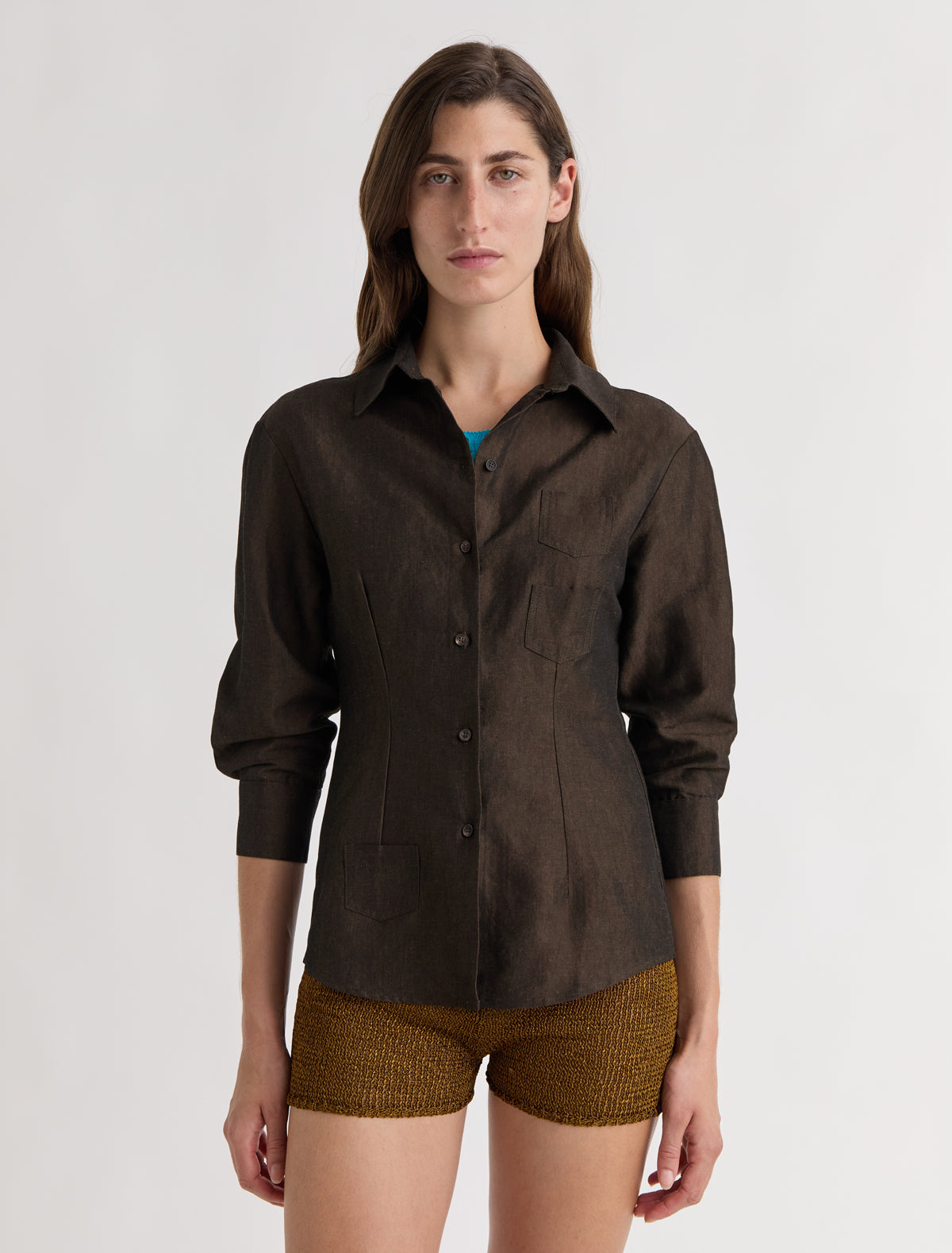Jasmine three quarter sleeve linen shirt mini patch pockets brown