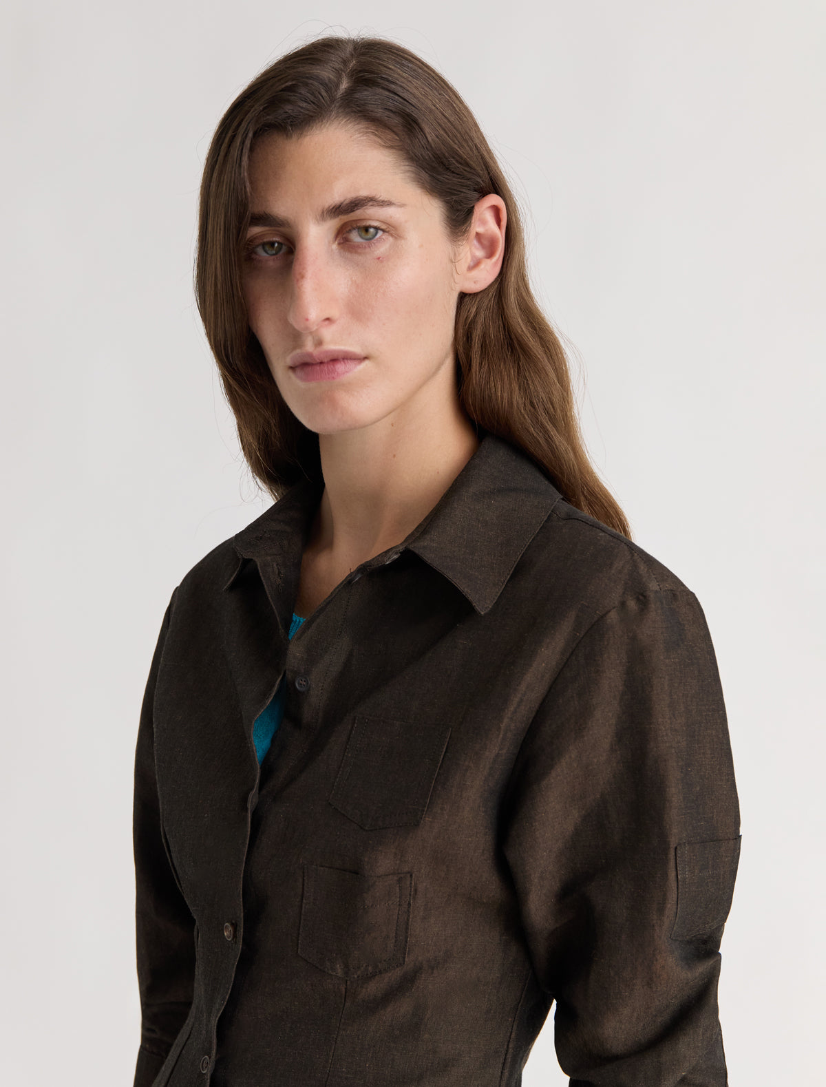 Jasmine three quarter sleeve linen shirt mini patch pockets brown