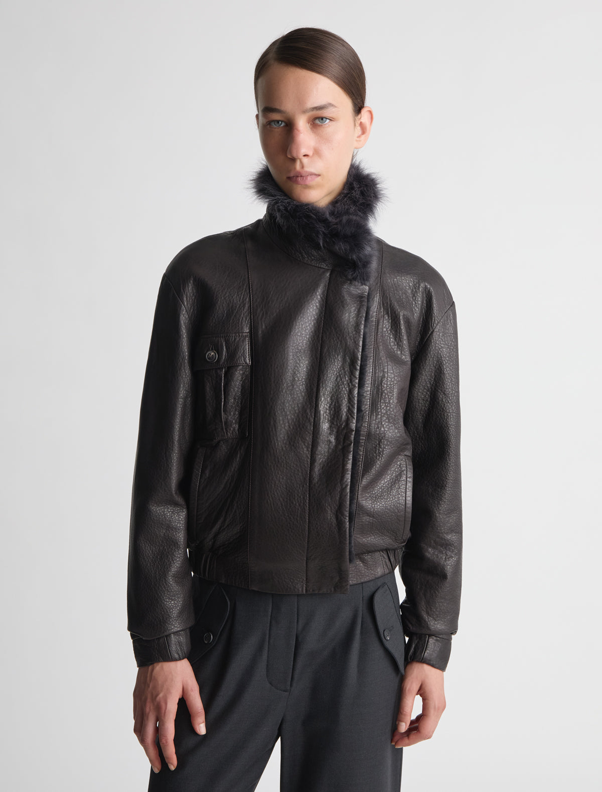 Alejandra leather jacket furry collar darkbrown