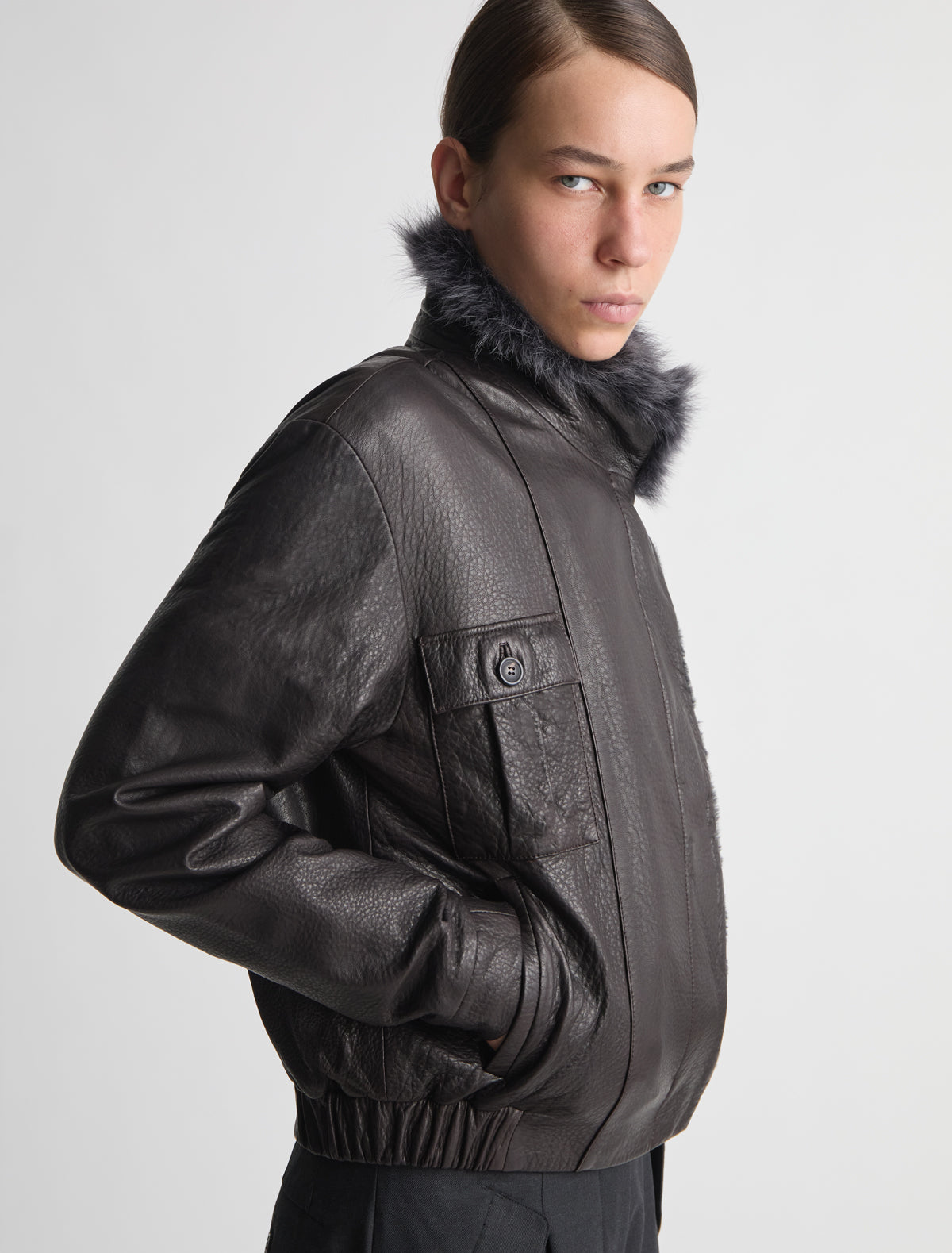Alejandra leather jacket furry collar darkbrown