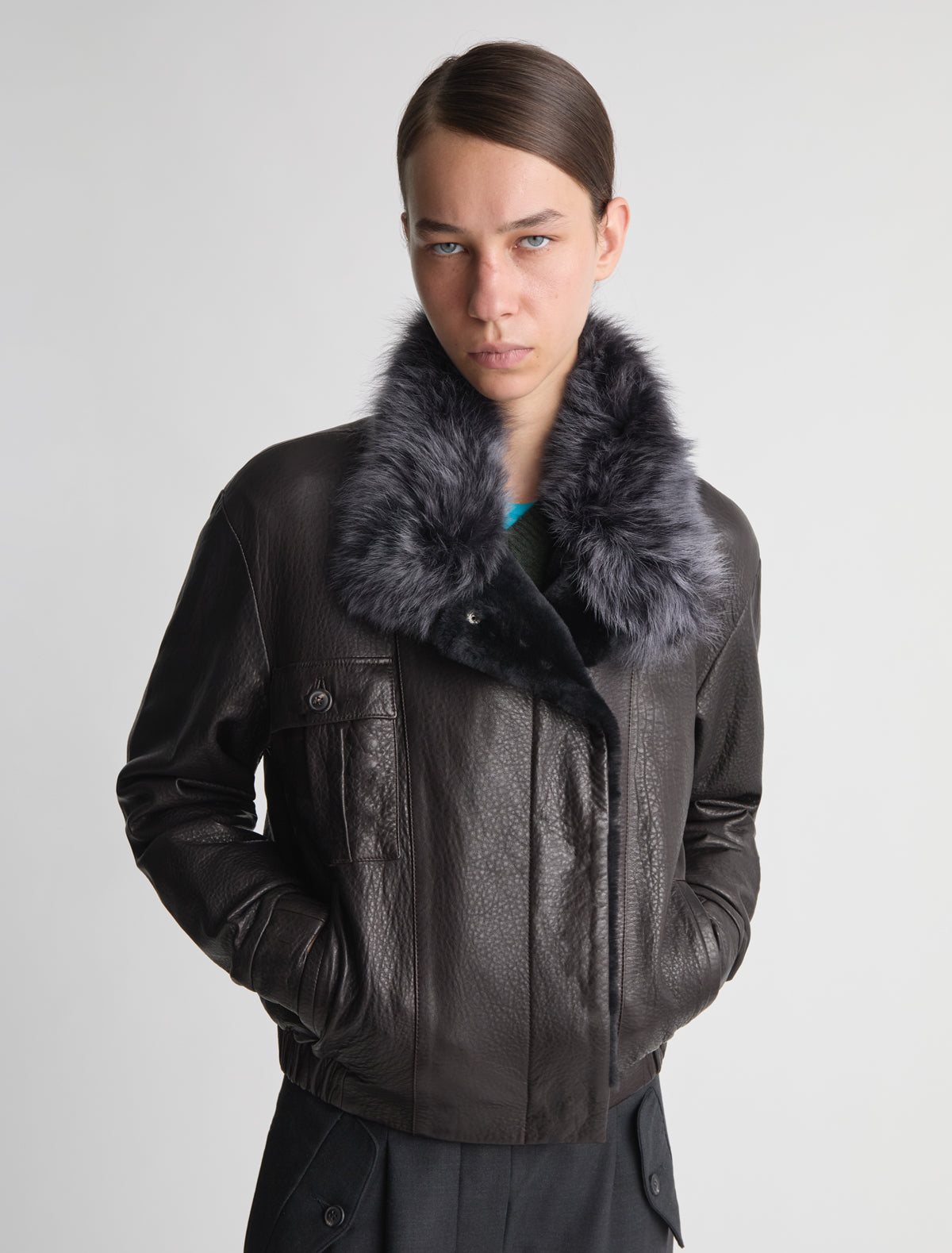 Alejandra leather jacket furry collar darkbrown