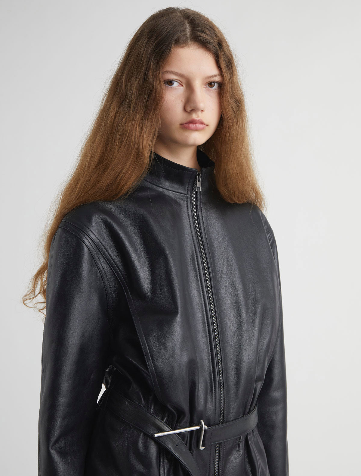 Five leather jacket integrated belt metal hook hardware grace prince