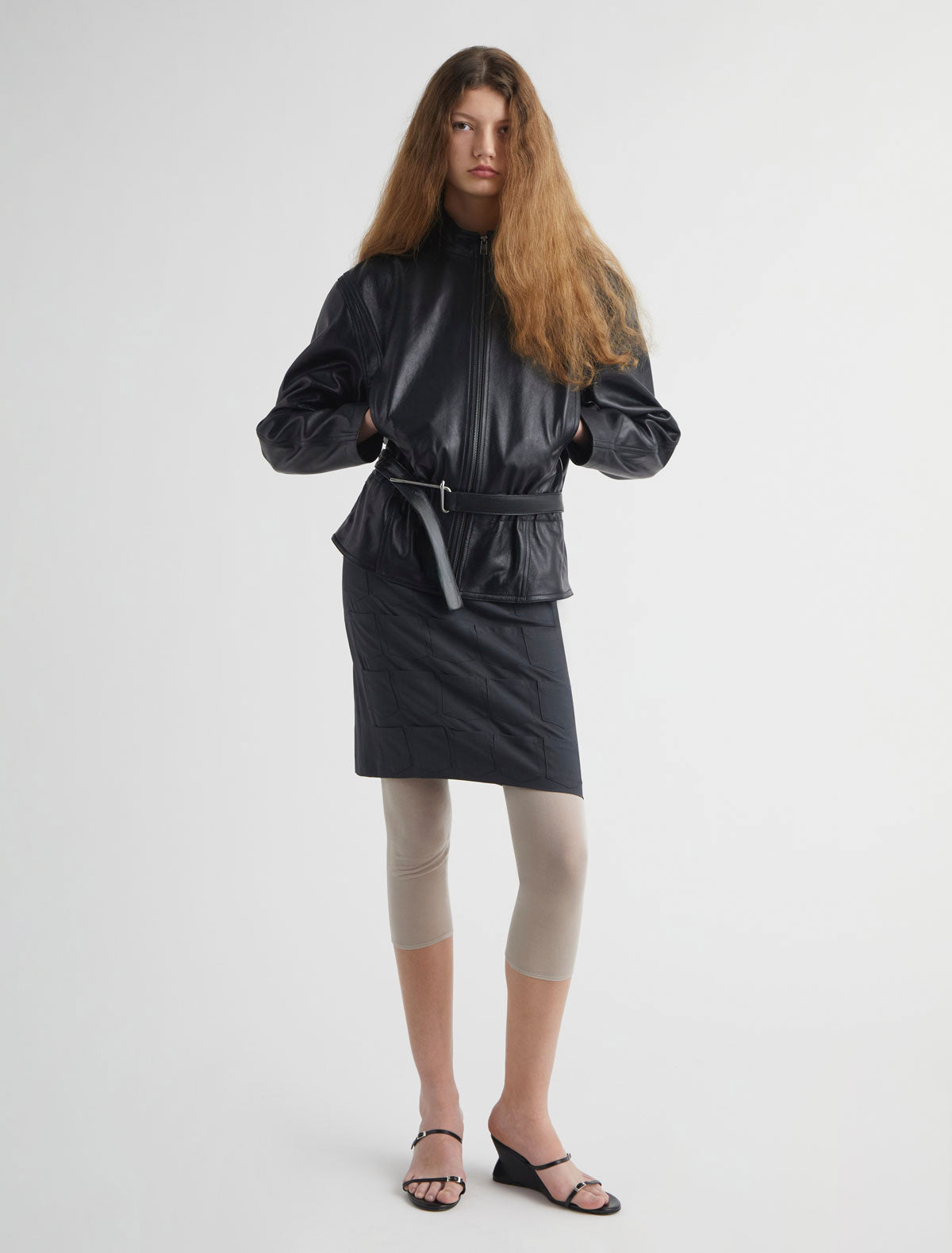 Five leather jacket integrated belt metal hook hardware grace prince