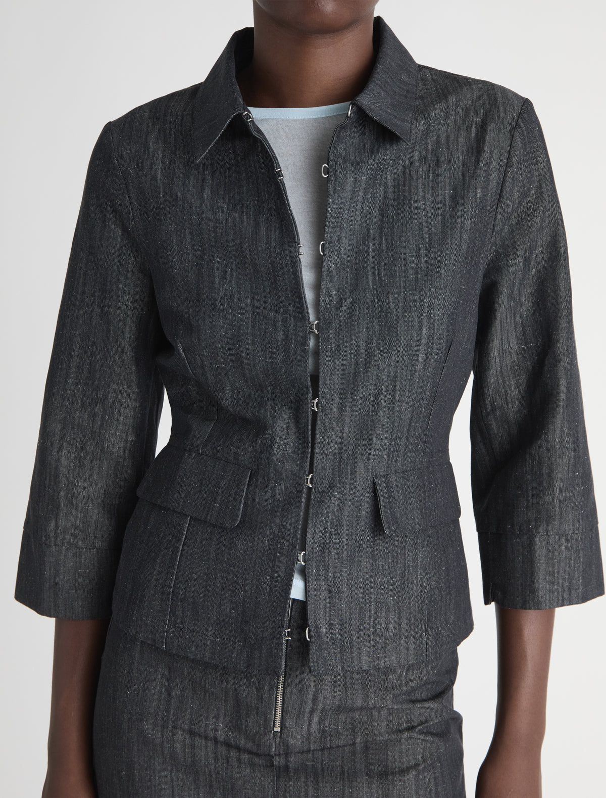Valeva elbow length sleeve denim jacket metal hook closures front pockets