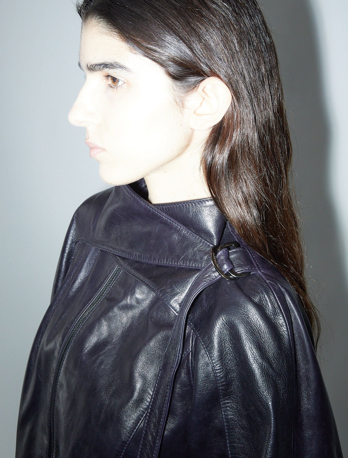 Plomy leather jacket crossover neckline metal buckle grey