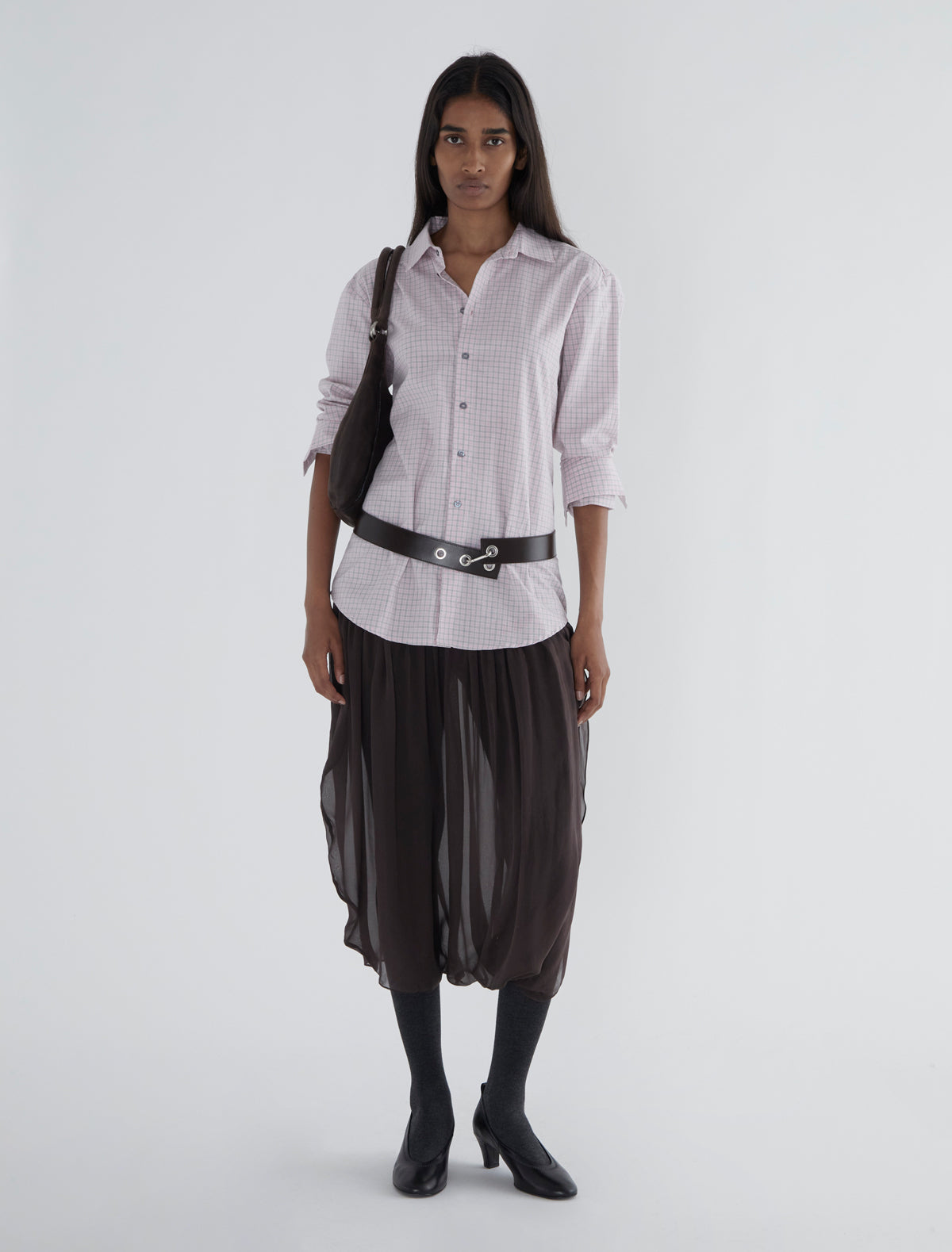 Mila skirt wide waistband suiting fabric combined silk brown