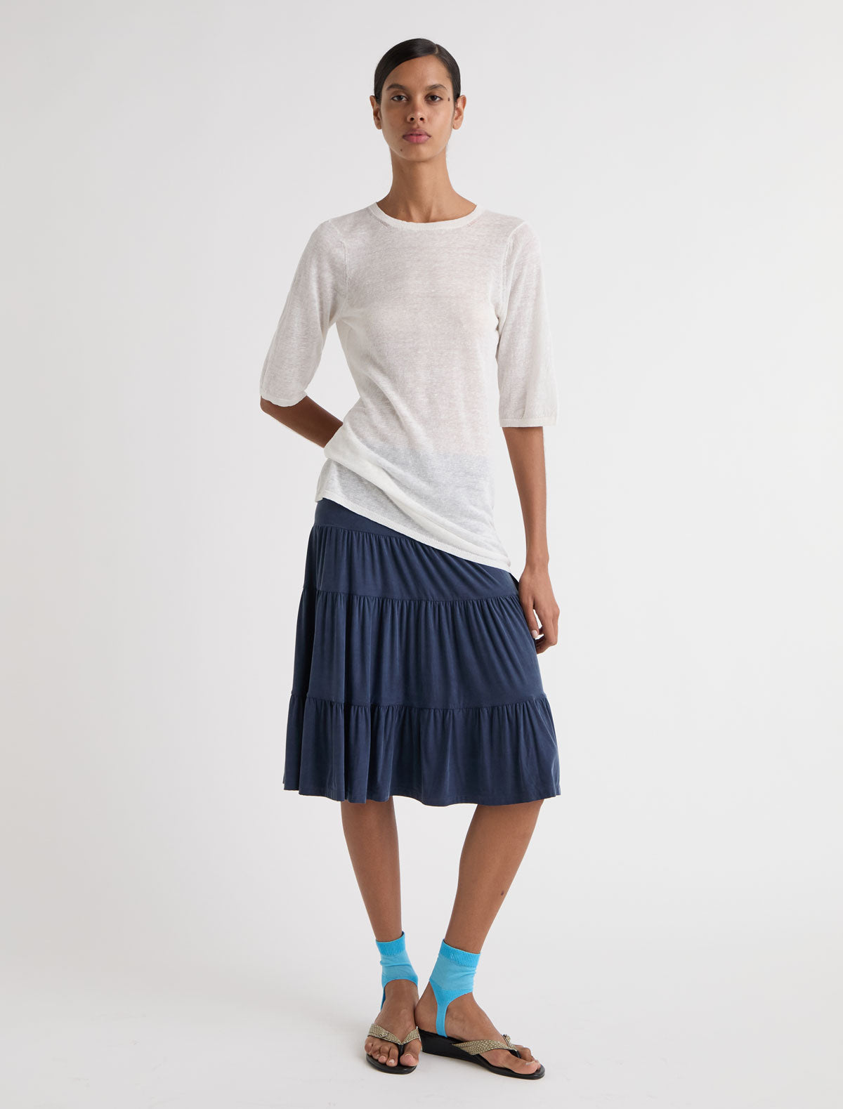 Barel cupro skirt tiered ruffle detailing throughout navy