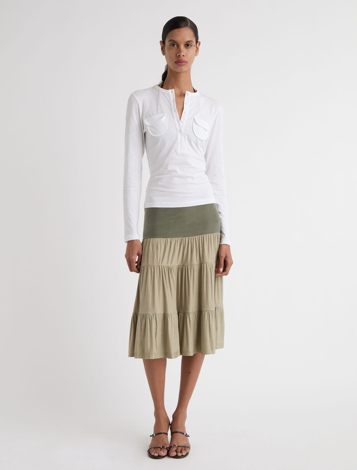Barel cupro skirt tiered ruffle detailing throughout khaki