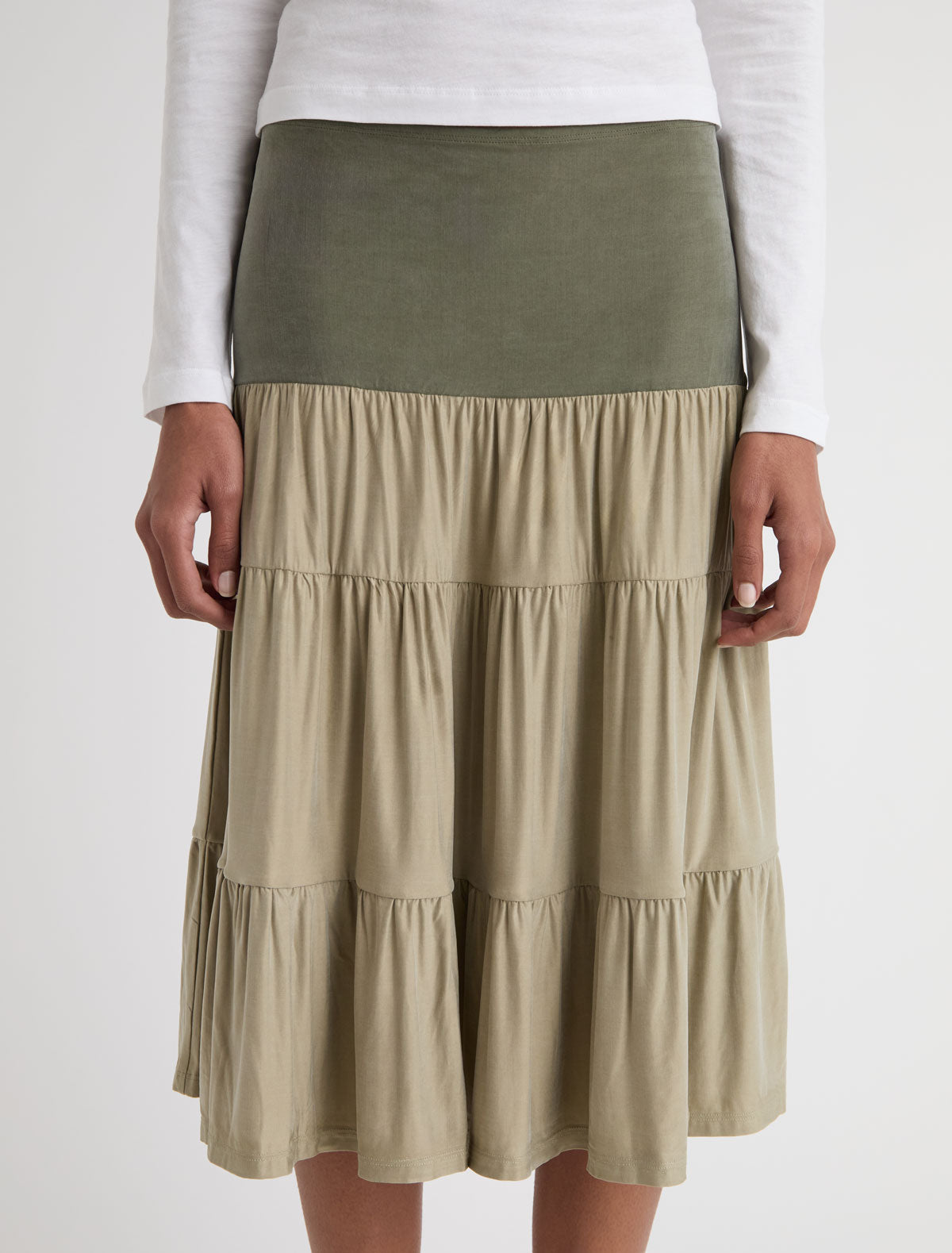 Barel cupro skirt tiered ruffle detailing throughout khaki