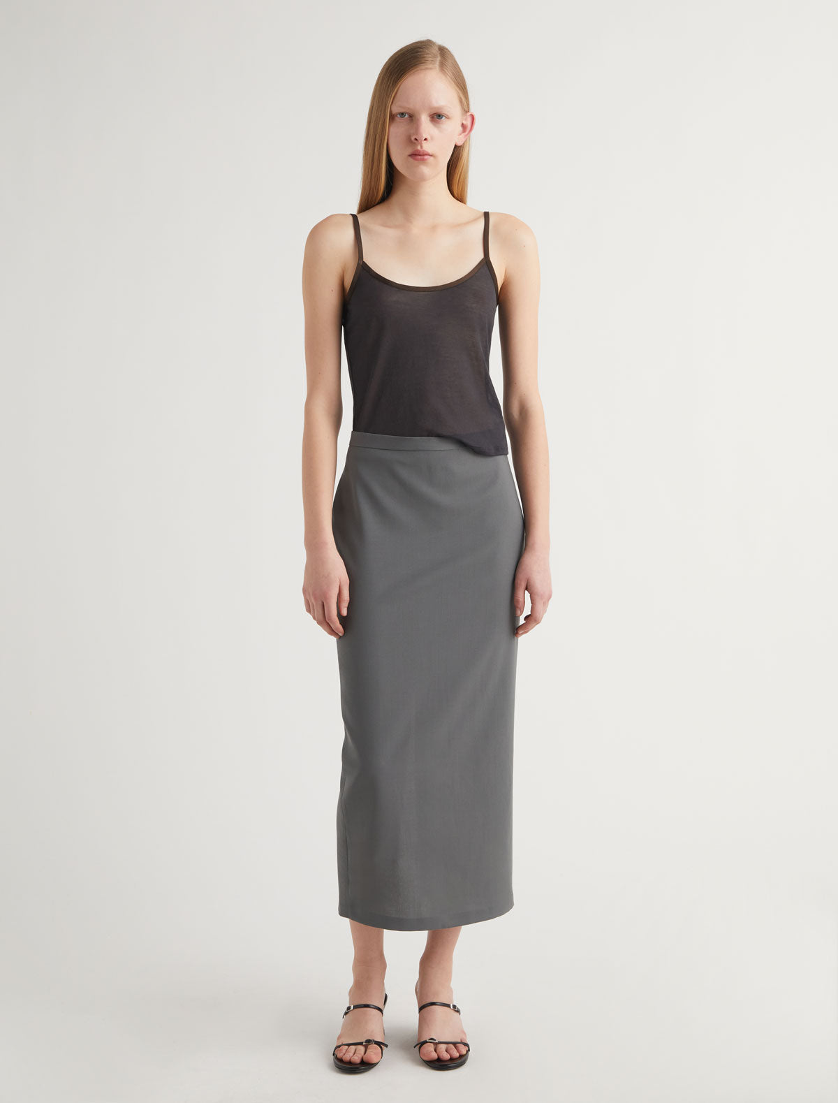 Jacusi long pencil skirt leather detail back slit
