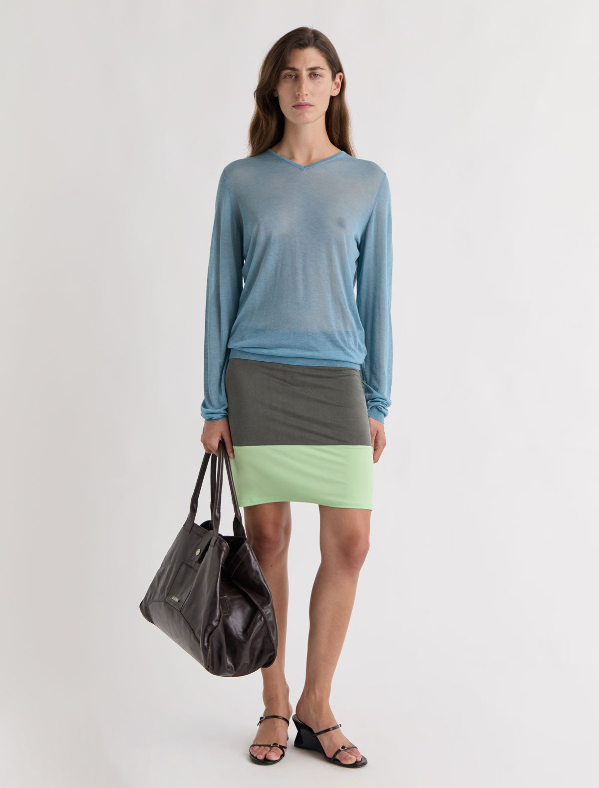 Mika cupro pencil skirt contrasting panel bottom khaki