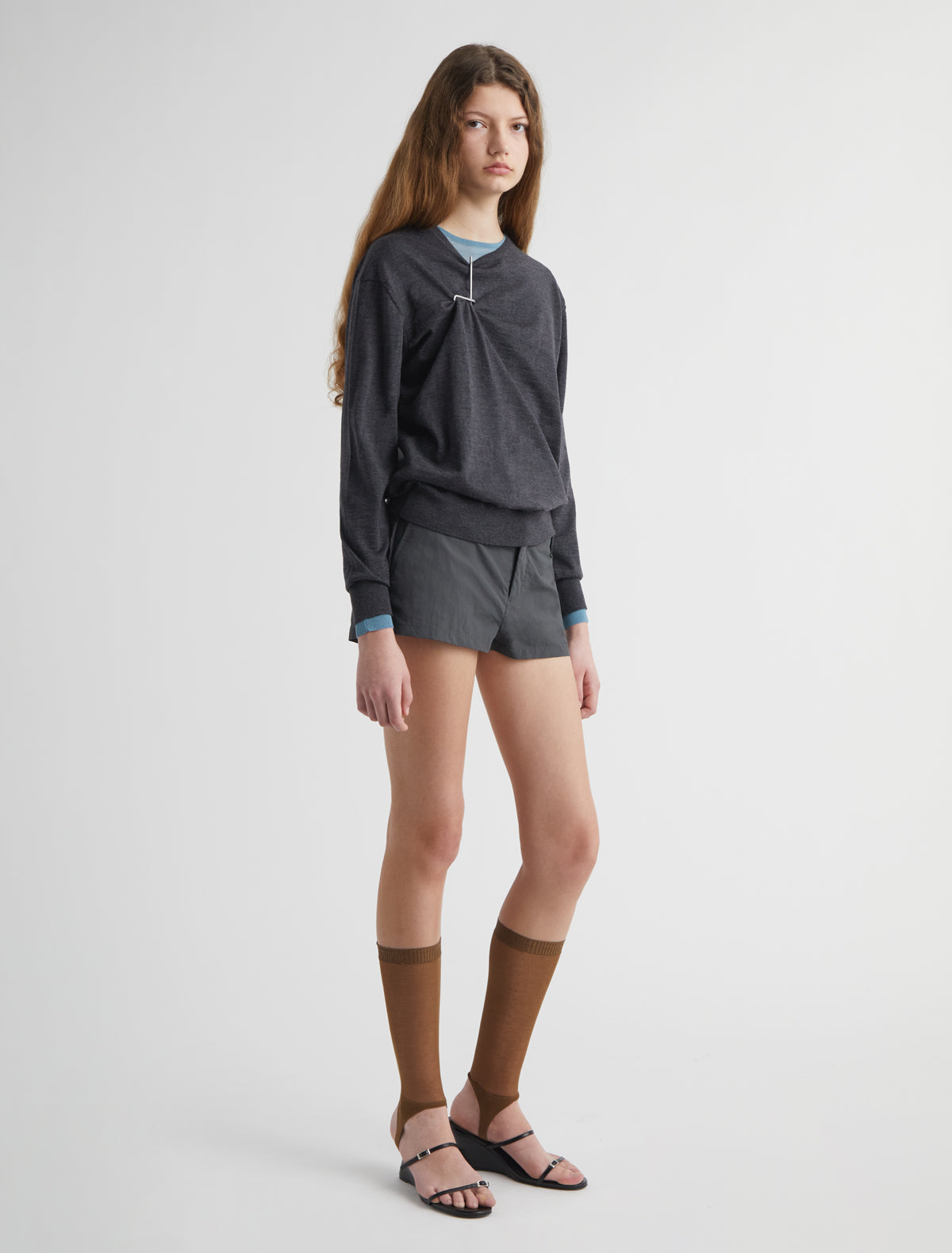 Three round neck wool sweater metal hook hardware grace prince