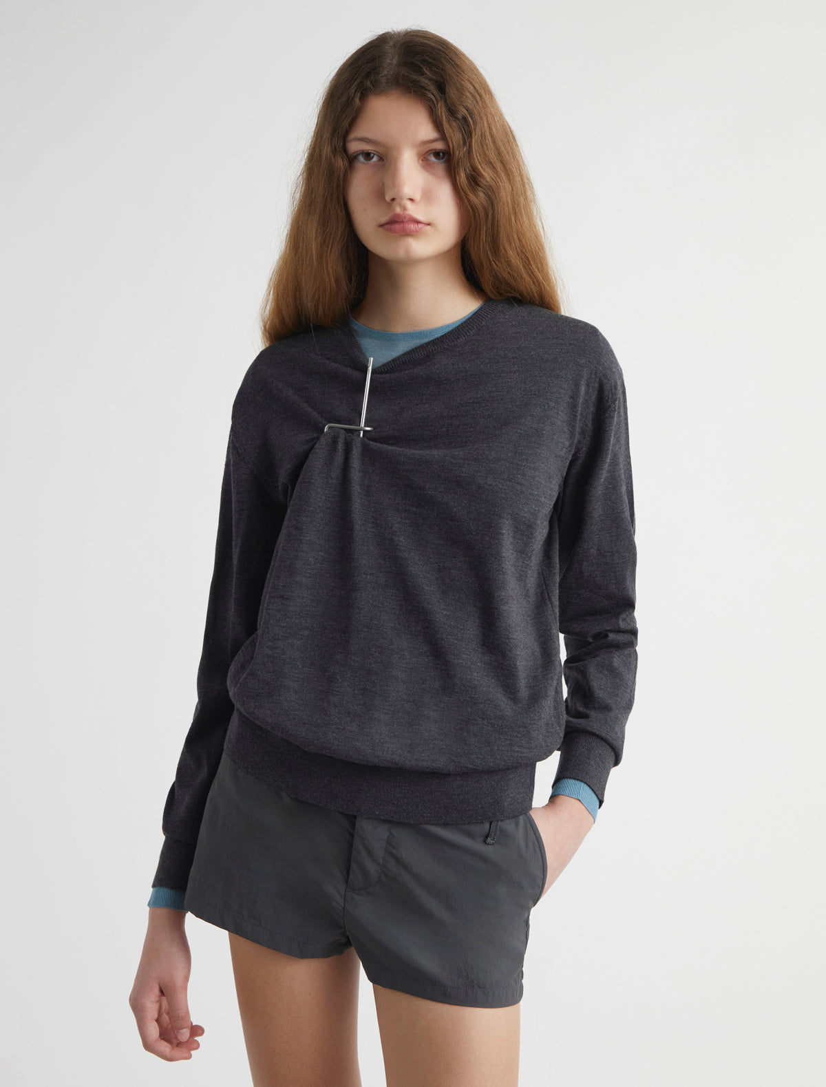 Three round neck wool sweater metal hook hardware grace prince