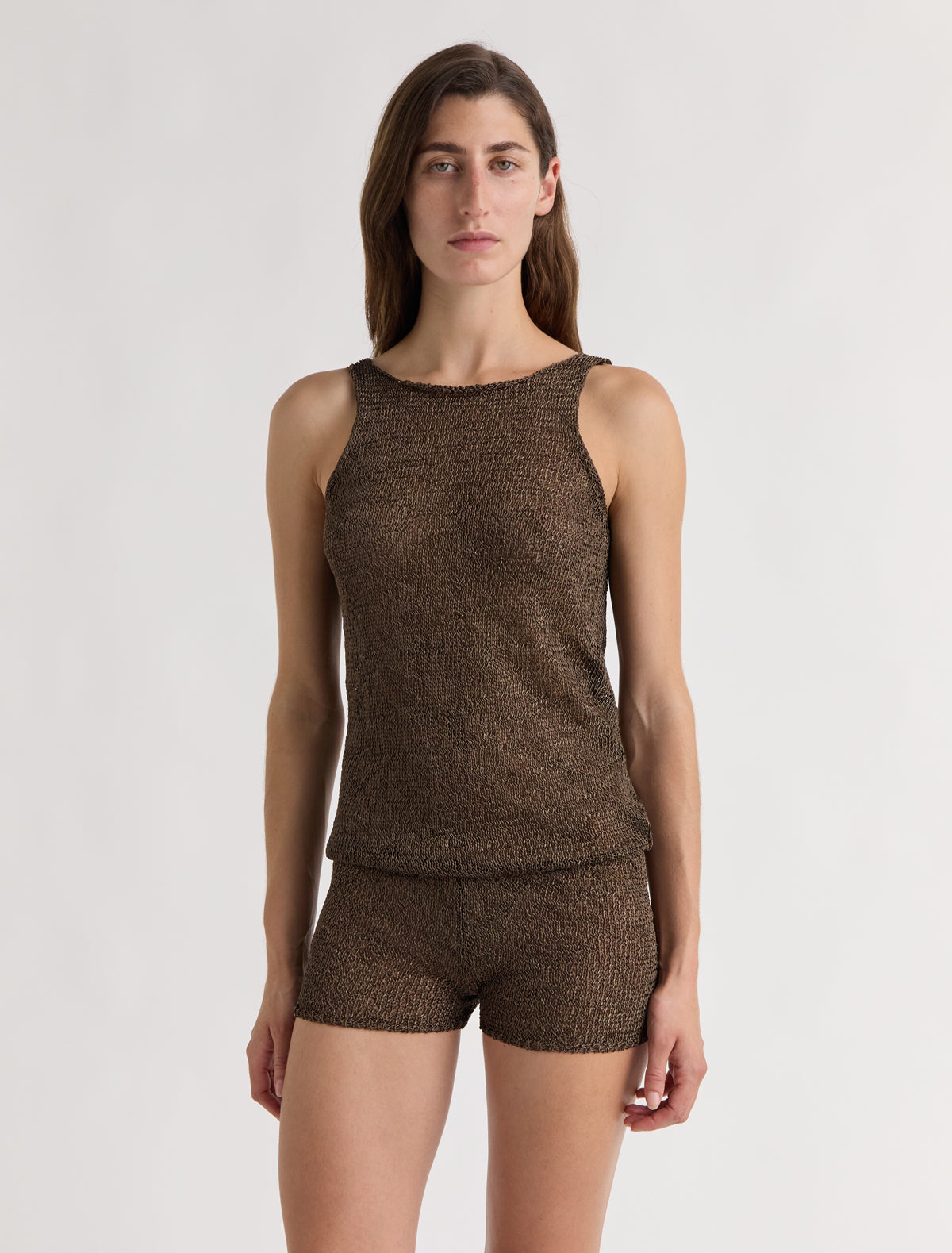 Lupo short knitted jumpsuit draped back brown