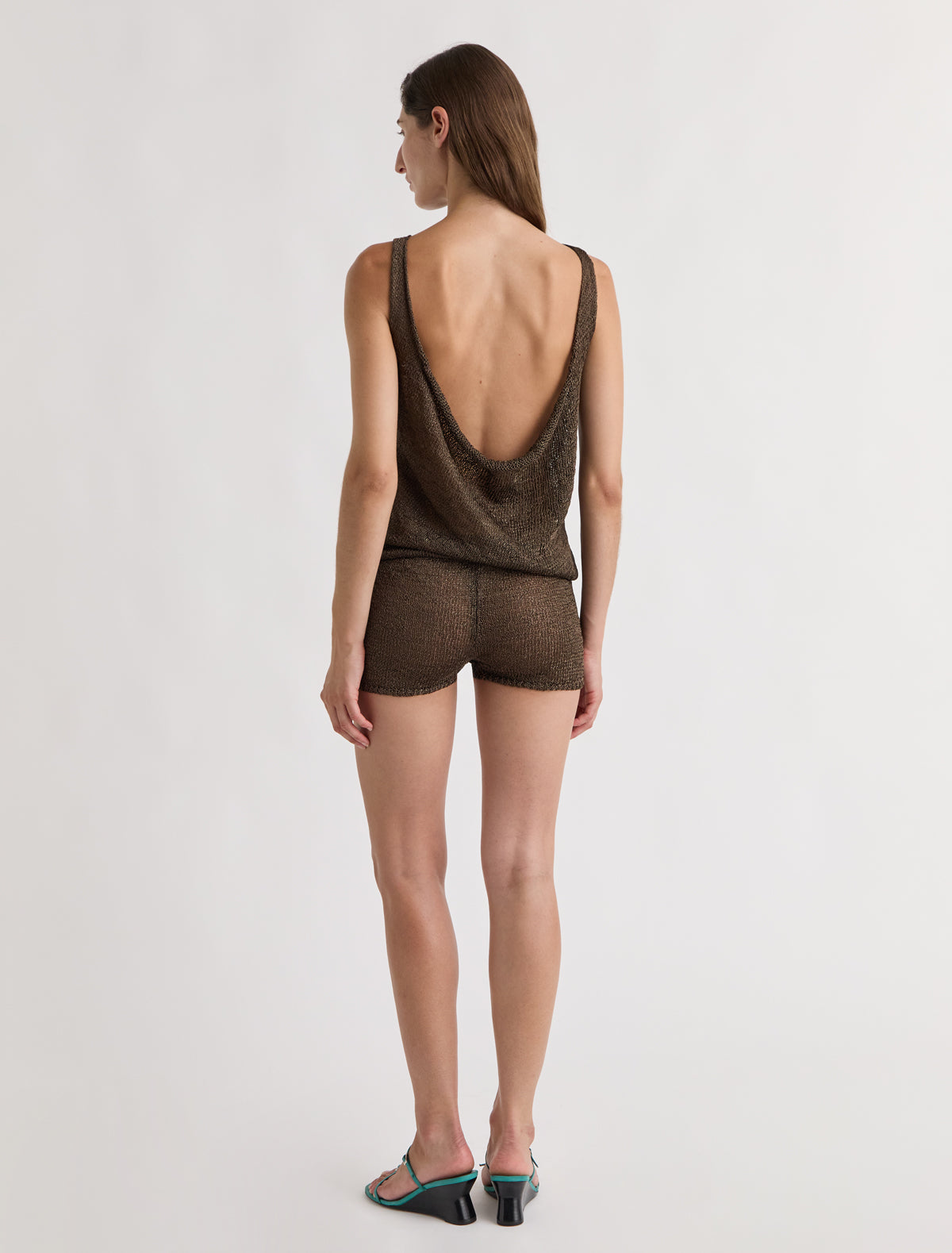 Lupo short knitted jumpsuit draped back brown