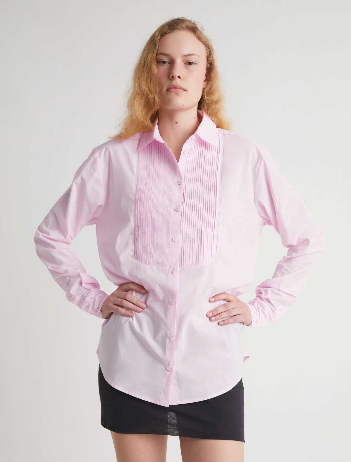 Paula cotton shirt pleated bib detail pink