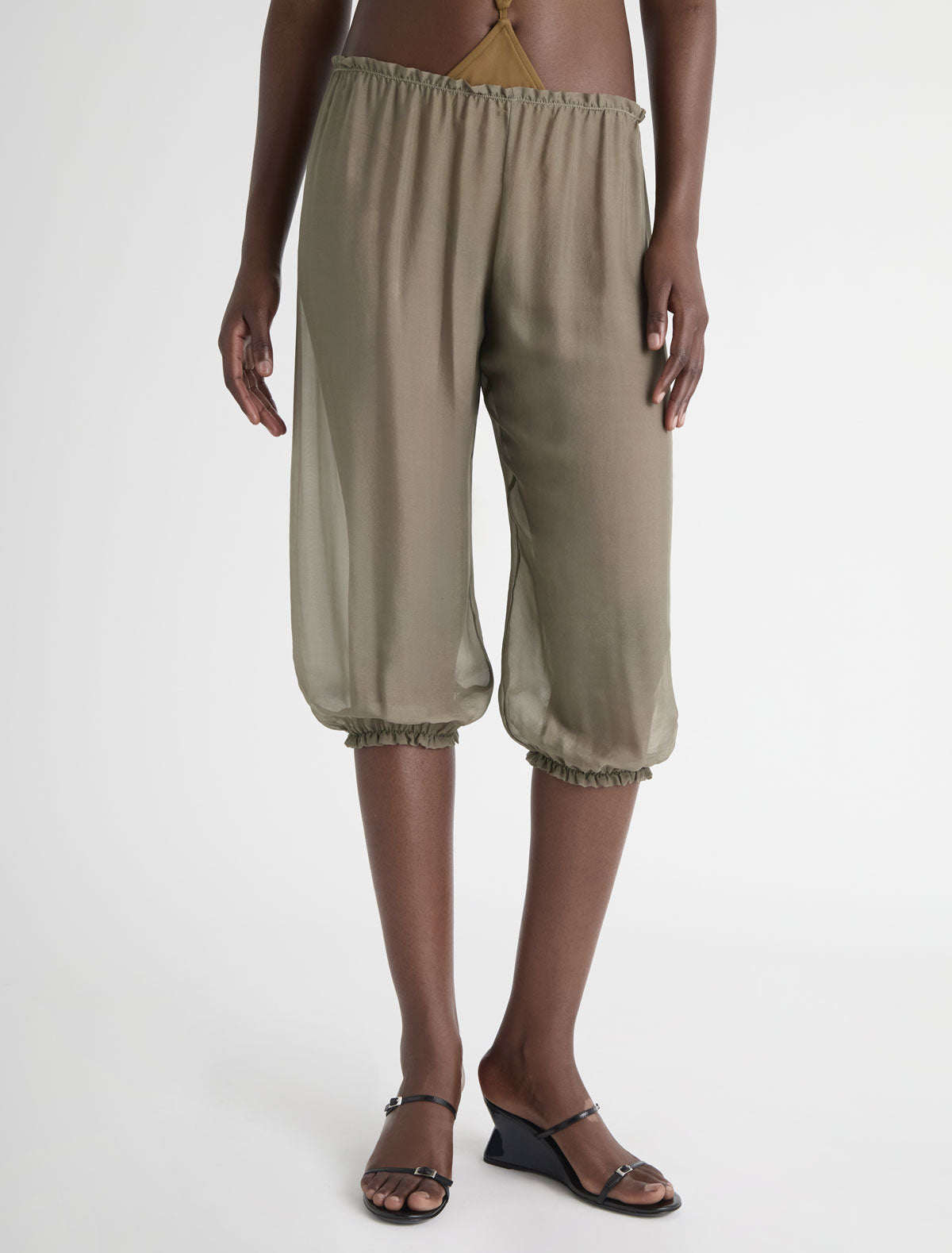 Short weza delicate sheer harem capri silk pants khaki