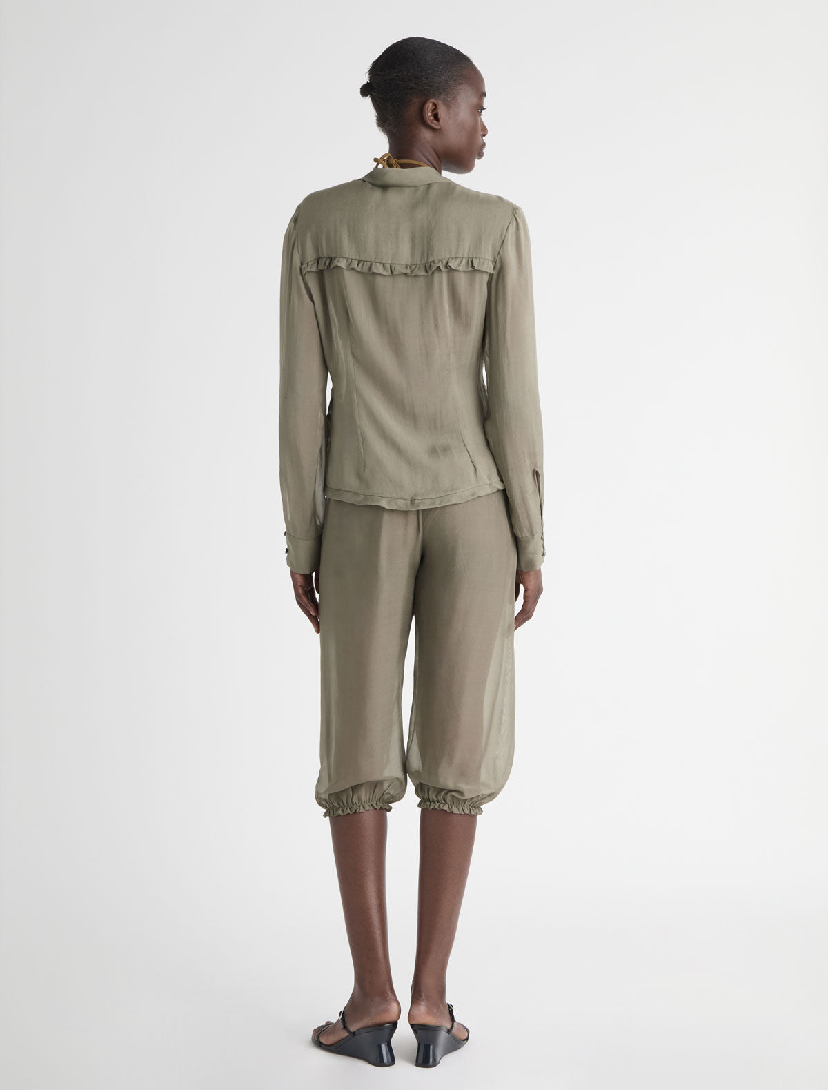 Short weza delicate sheer harem capri silk pants khaki