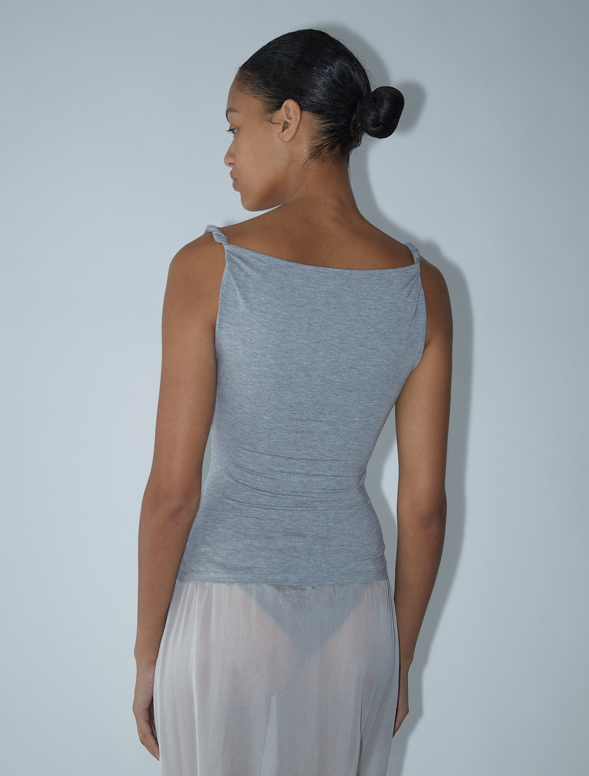 Simp sleeveless melange top twisted shoulder details grey