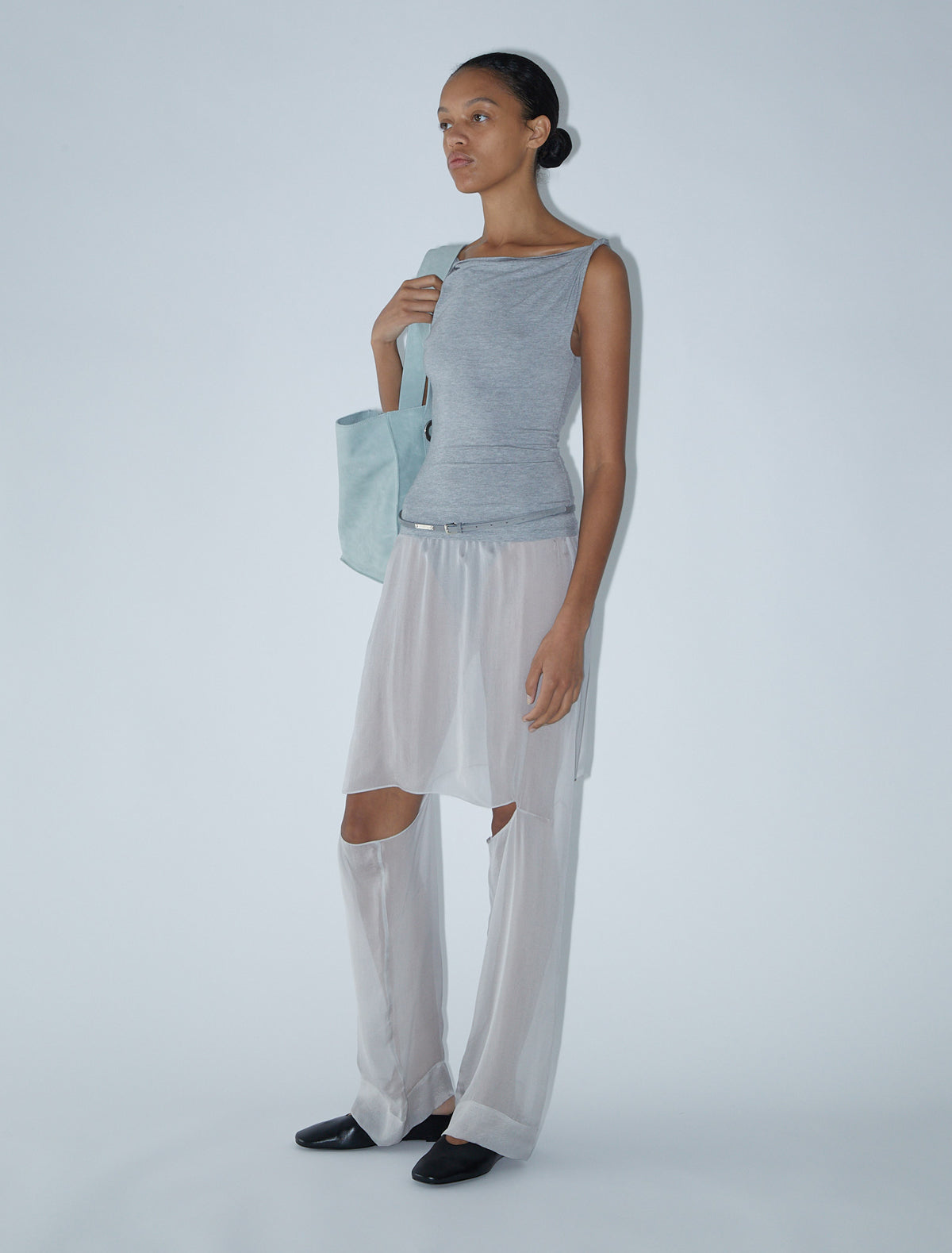 Simp sleeveless melange top twisted shoulder details grey