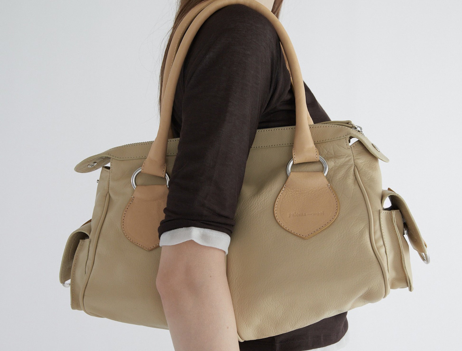Tilda bowling style leather bag double handles beige