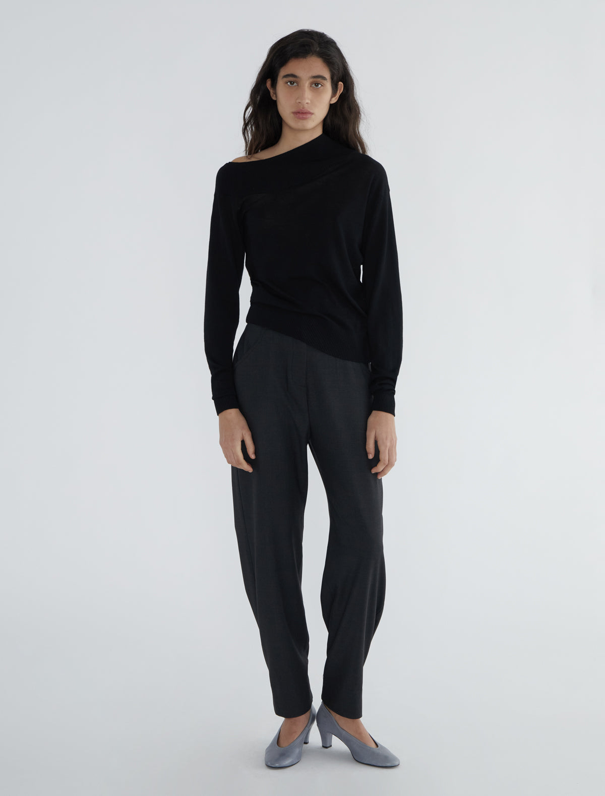 Soto asymmetrical knit sweater wide ribbed neckline black