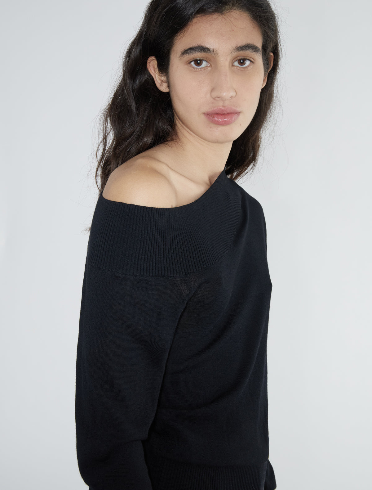 Soto asymmetrical knit sweater wide ribbed neckline black