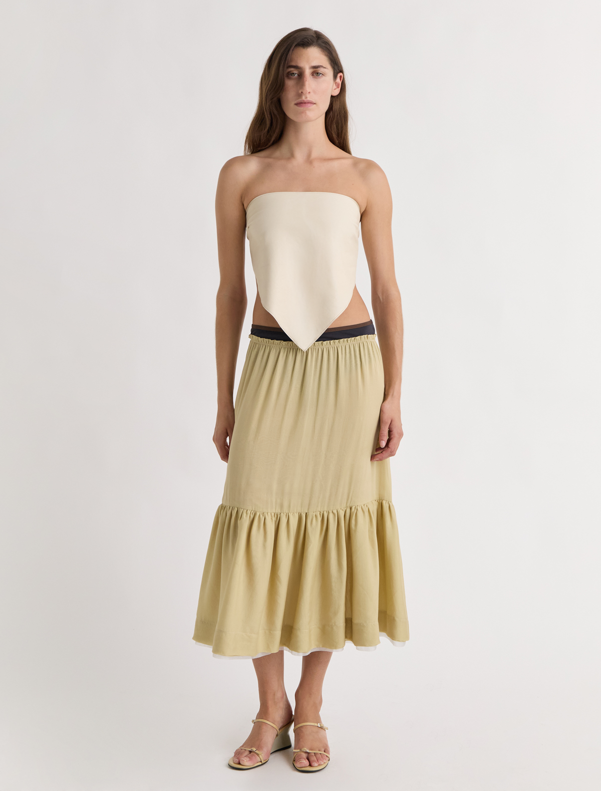 Alba top triangle shaped leather top scarf like silhouette metal buckle closure offwhite