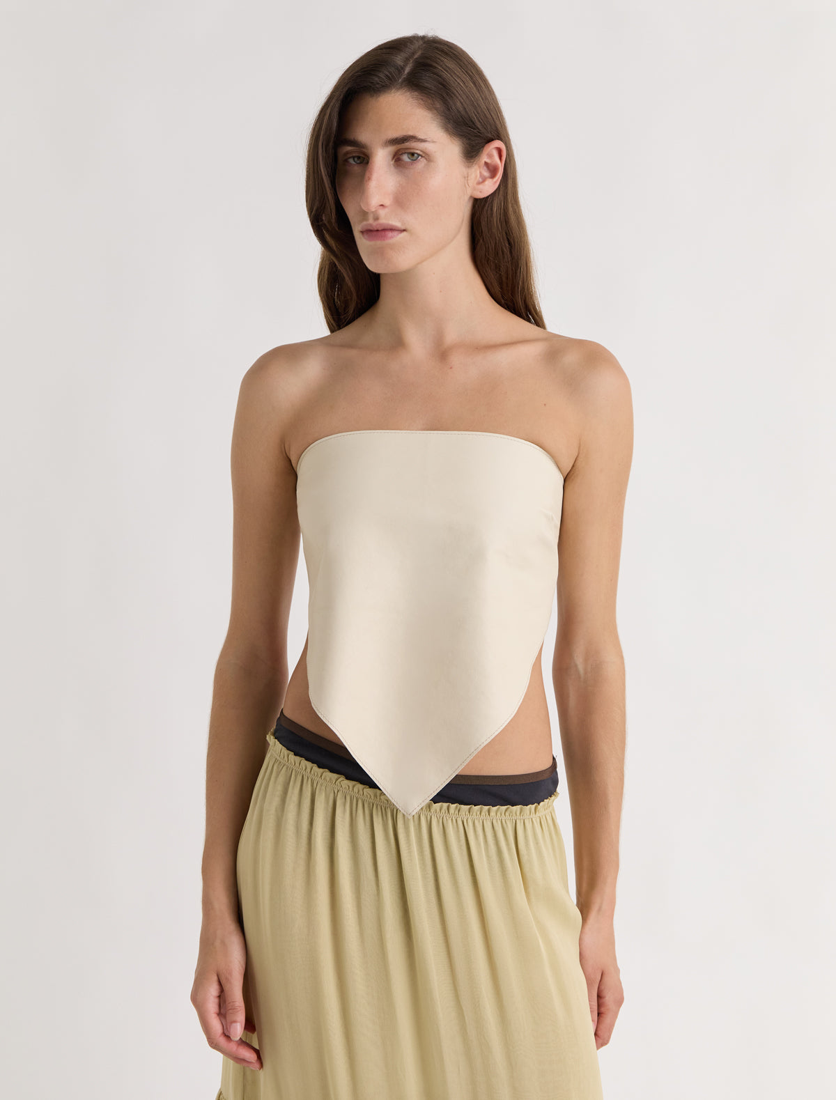Alba top triangle shaped leather top scarf like silhouette metal buckle closure offwhite