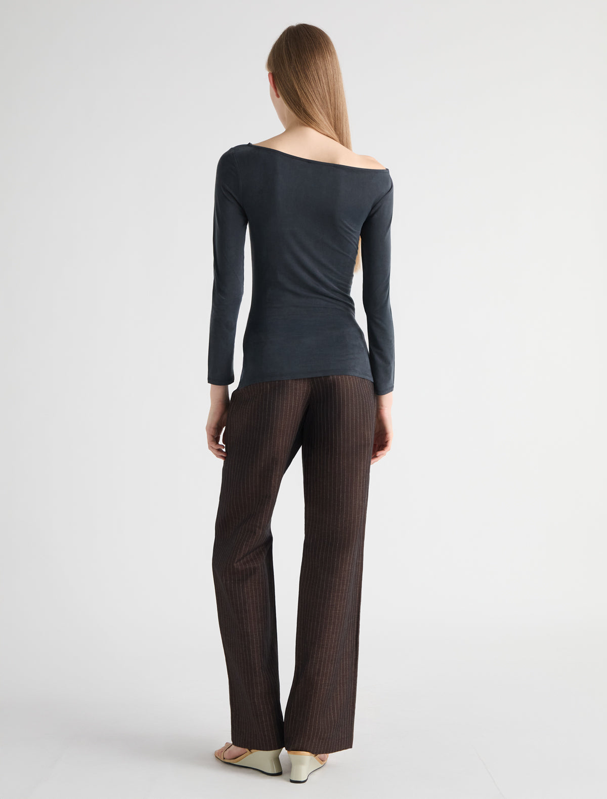 Beni fitted long sleeve cupro top asymmetrical neckline sropped shoulder black