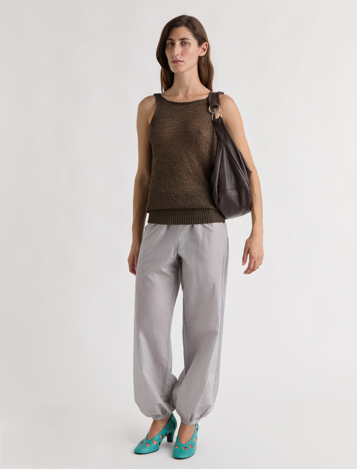 Chale sleeveless knitted top draped back brown