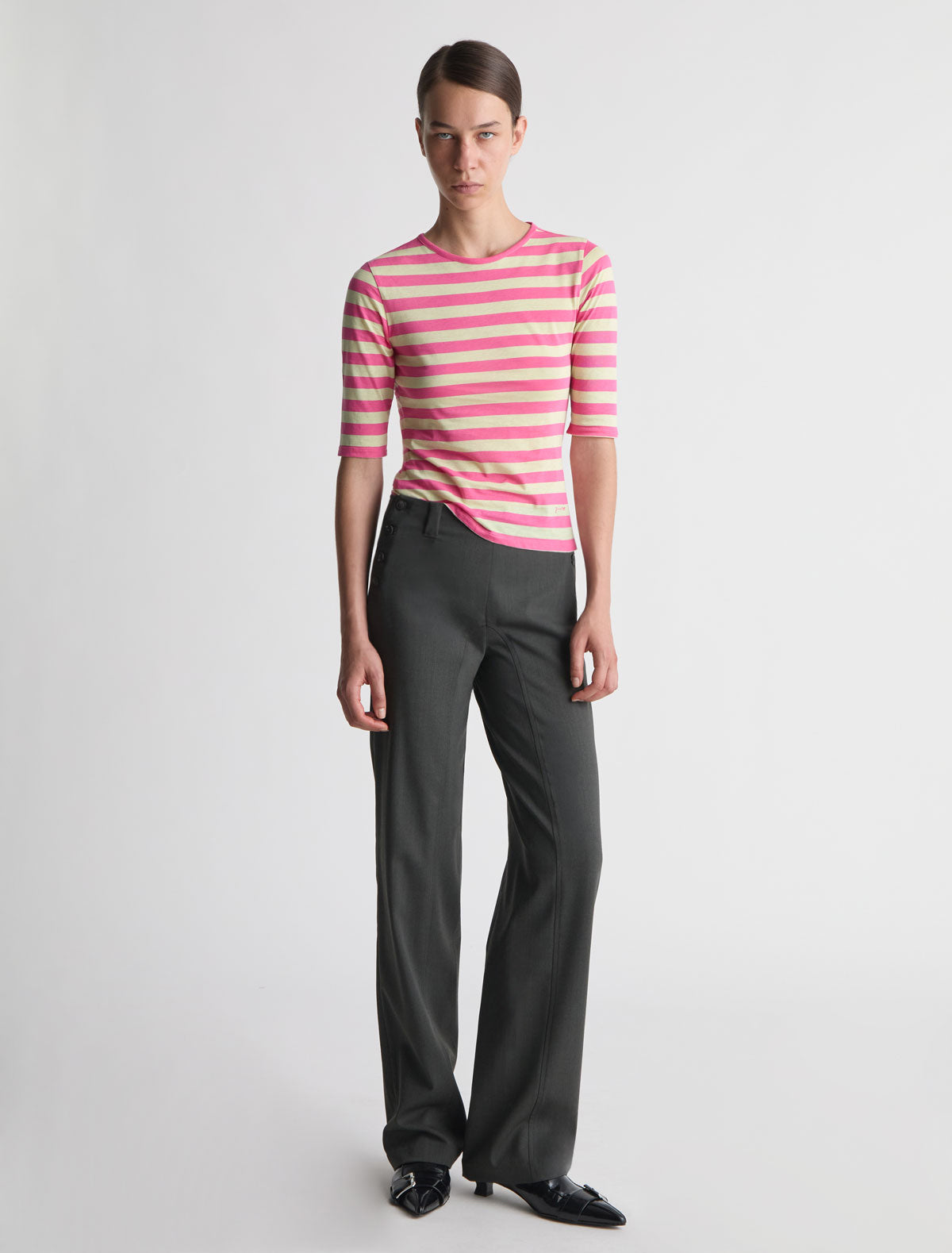 Guali striped top round neck elbow lenght sleeves fuchsia