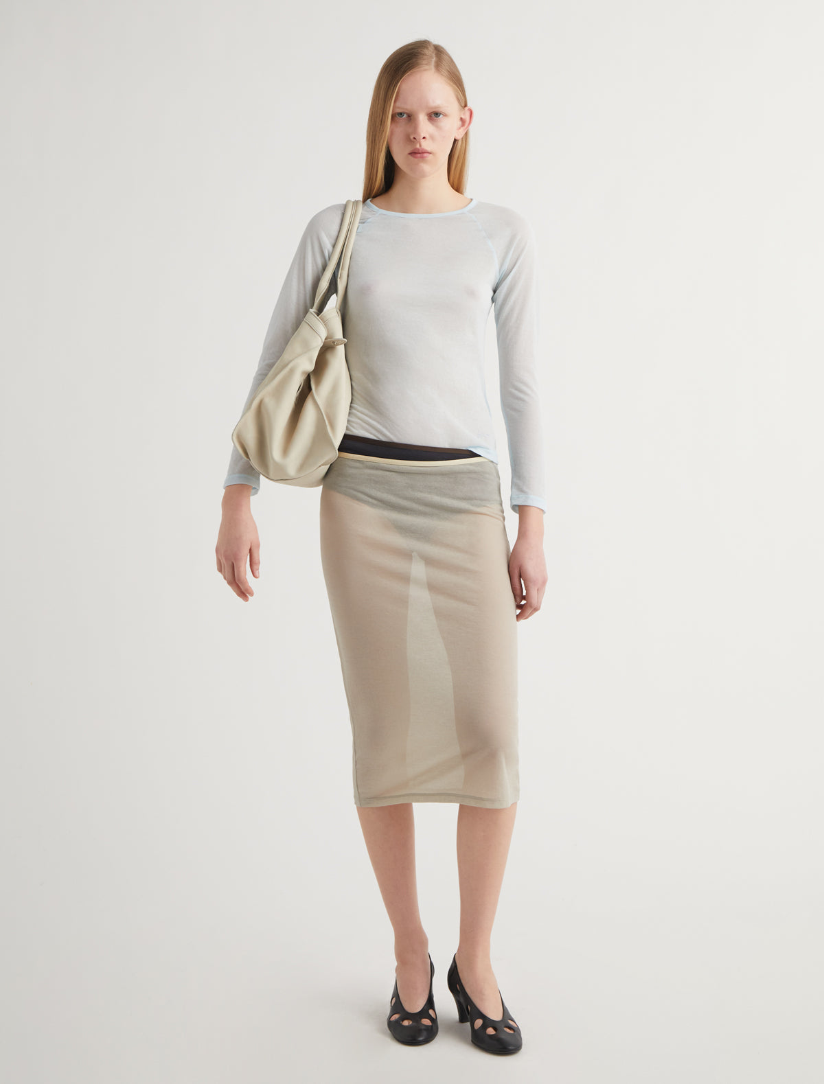 Long tina midi skirt contrast strap detailing ecru