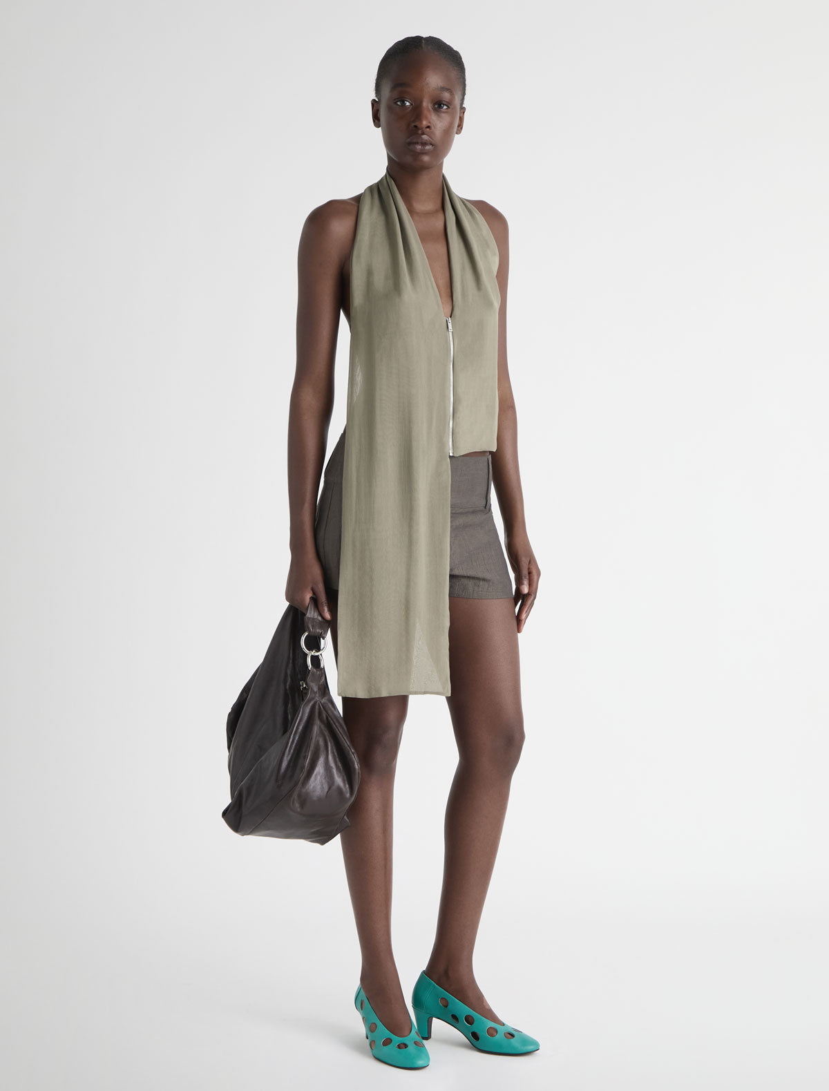 Jinno silk top double slider front zip closure khaki