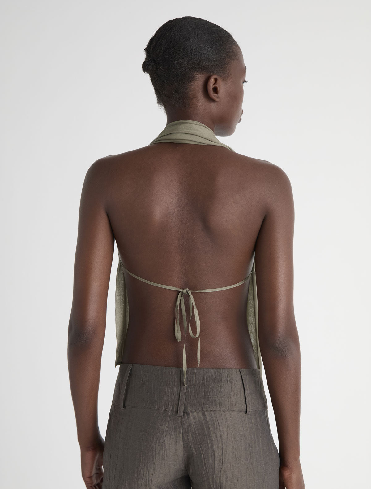 Jinno silk top double slider front zip closure khaki