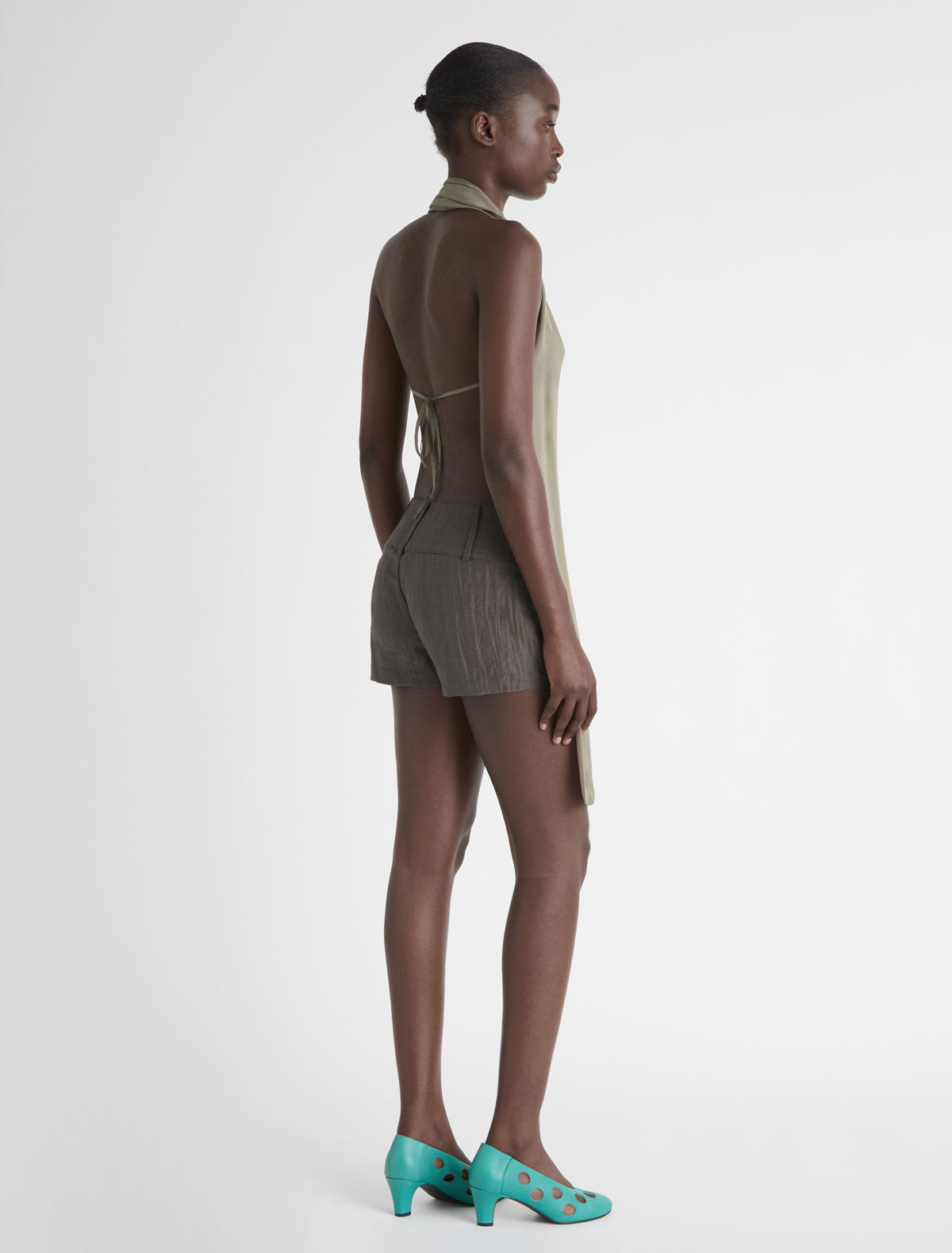 Jinno silk top double slider front zip closure khaki