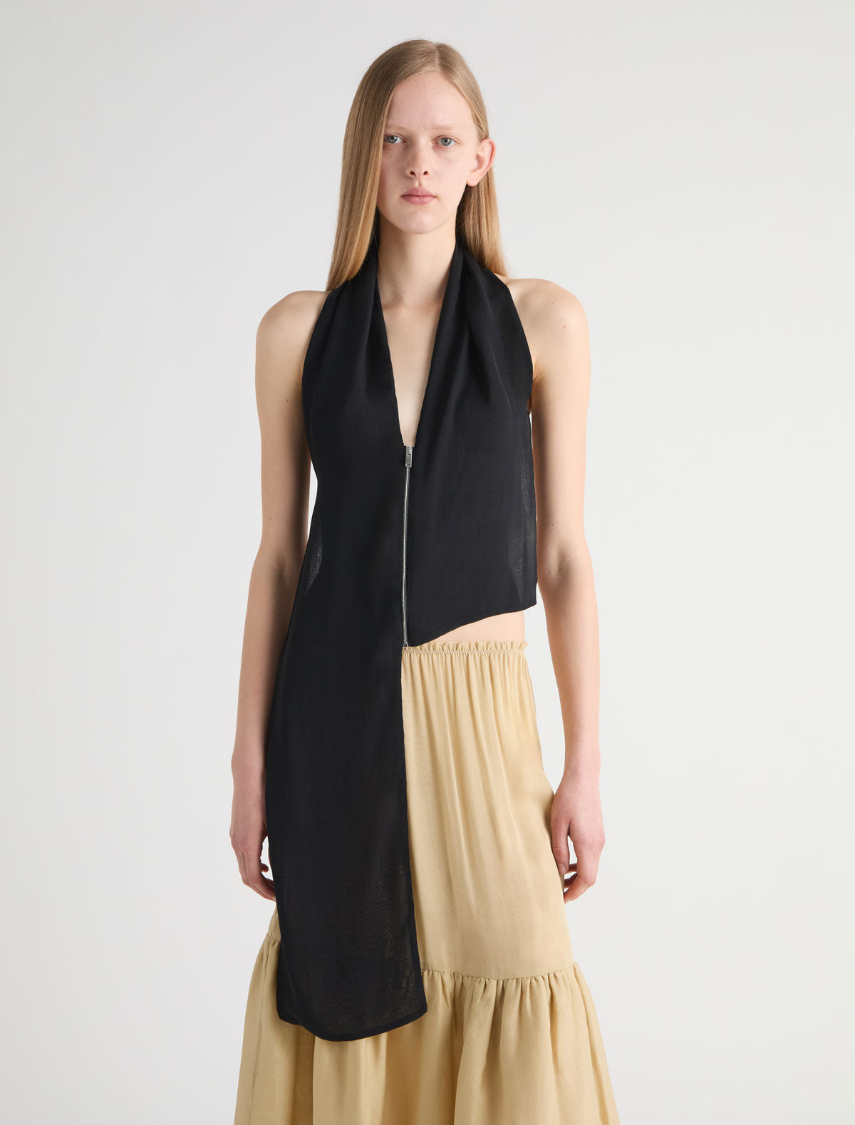 Jinno silk top double slider front zip closure black