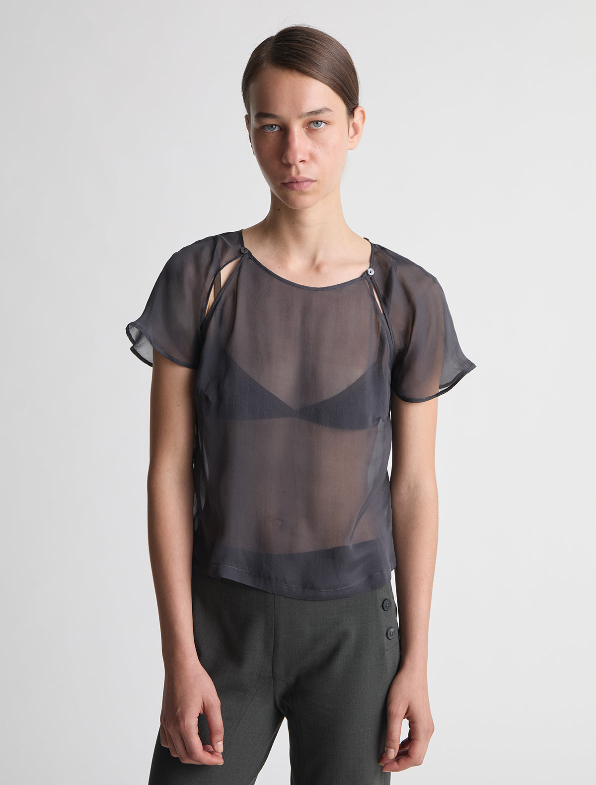 Lira short sleeve silk top side armhole openings grey