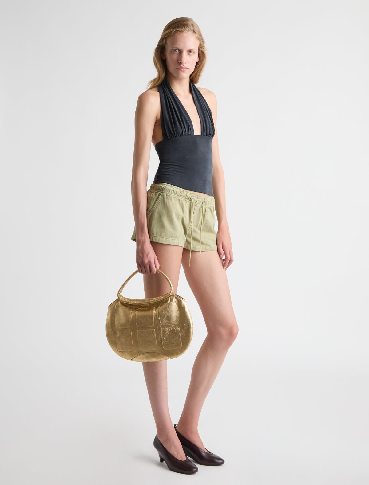 Pockets round shaped shoulder bag multiple pocket details gold