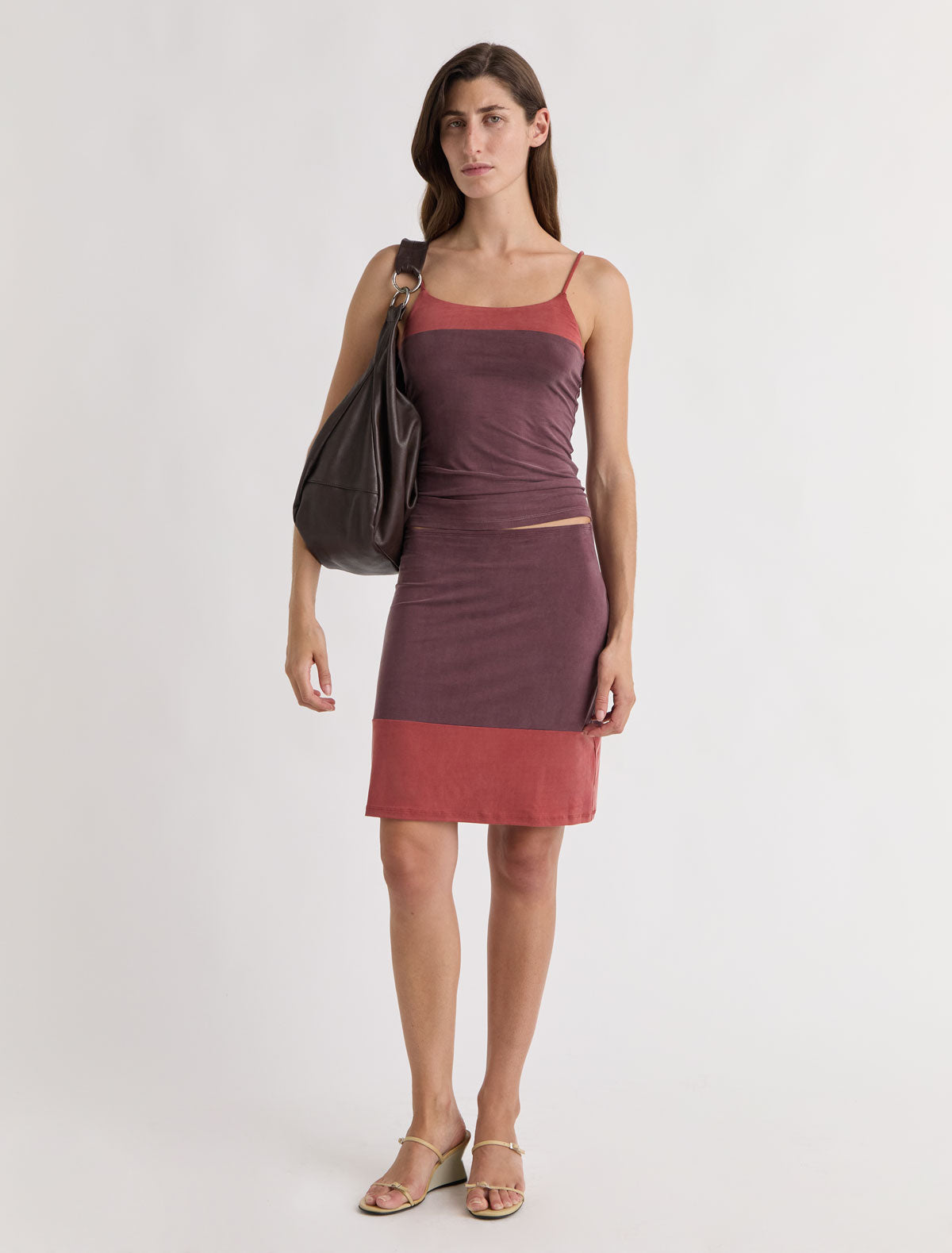 Zuno cupro strappy top contrasting panel chest aubergine