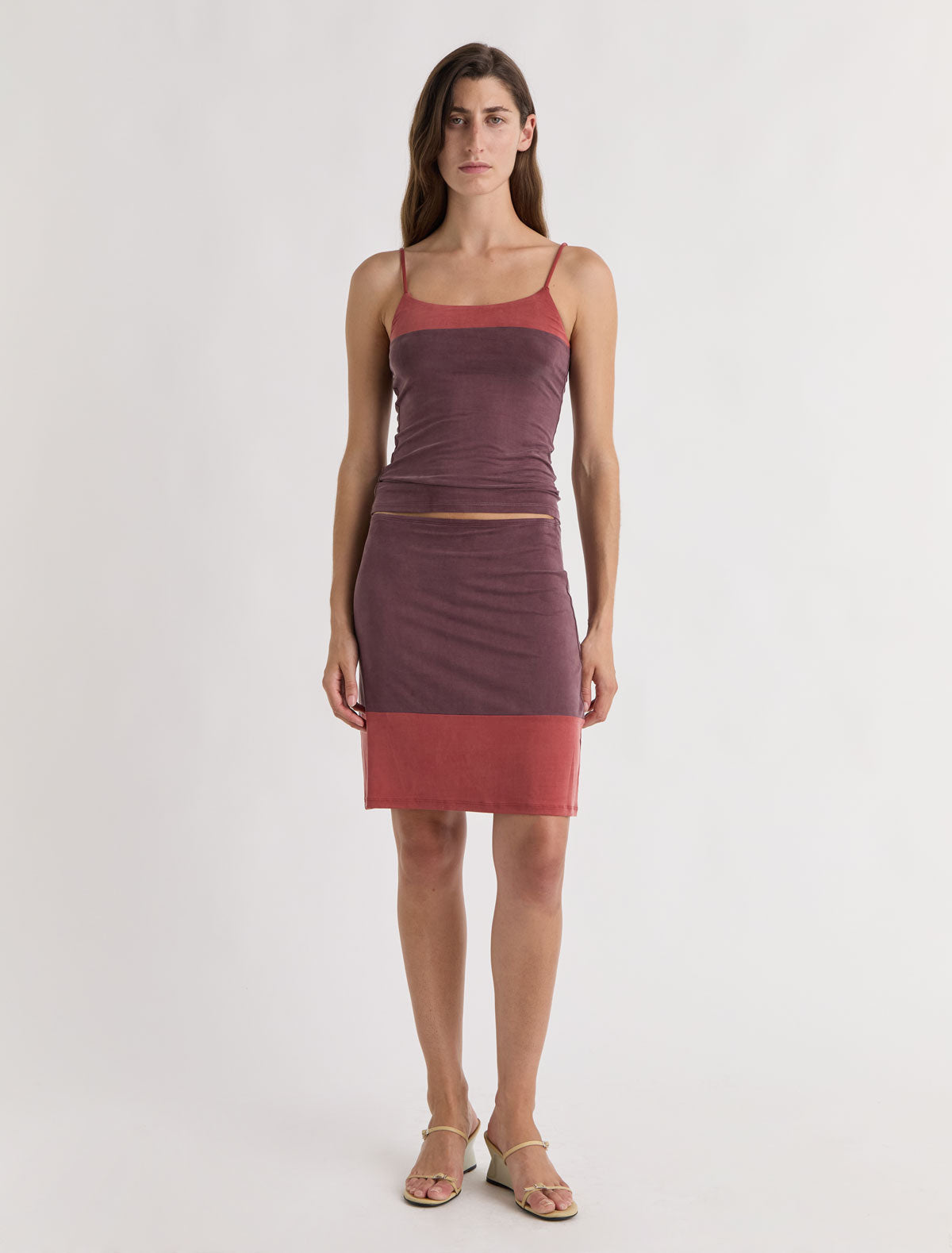 Zuno cupro strappy top contrasting panel chest aubergine