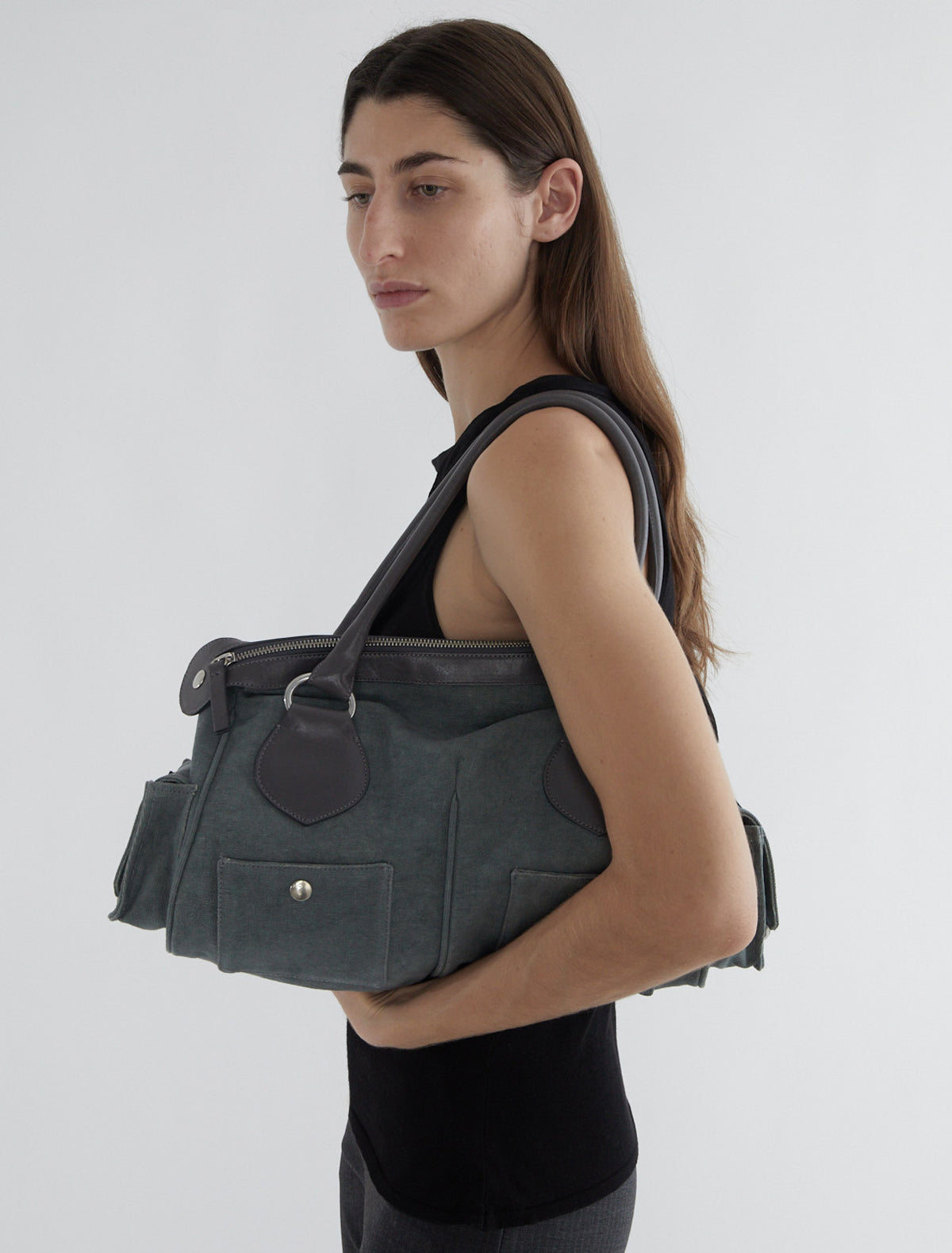 Tilda bowling style leather bag double handles khaki