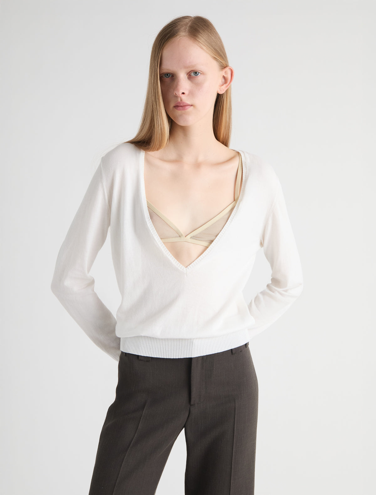 Omina long sleeve sweater deep v neckline white