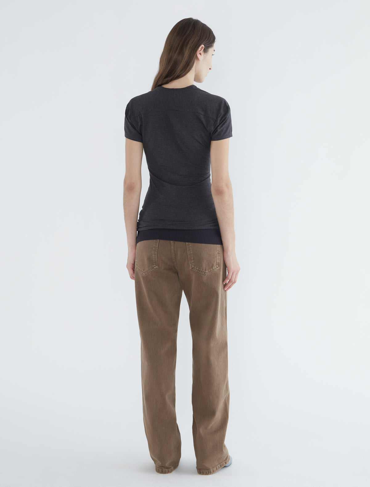 Raffa short sleeved top draped neckline ribbed hem grey