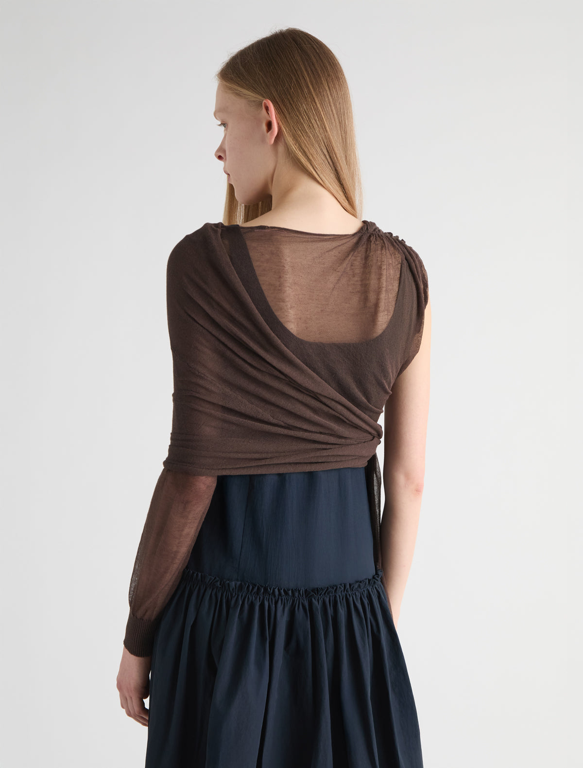 Samira wrap style knit top asymmetric design brown